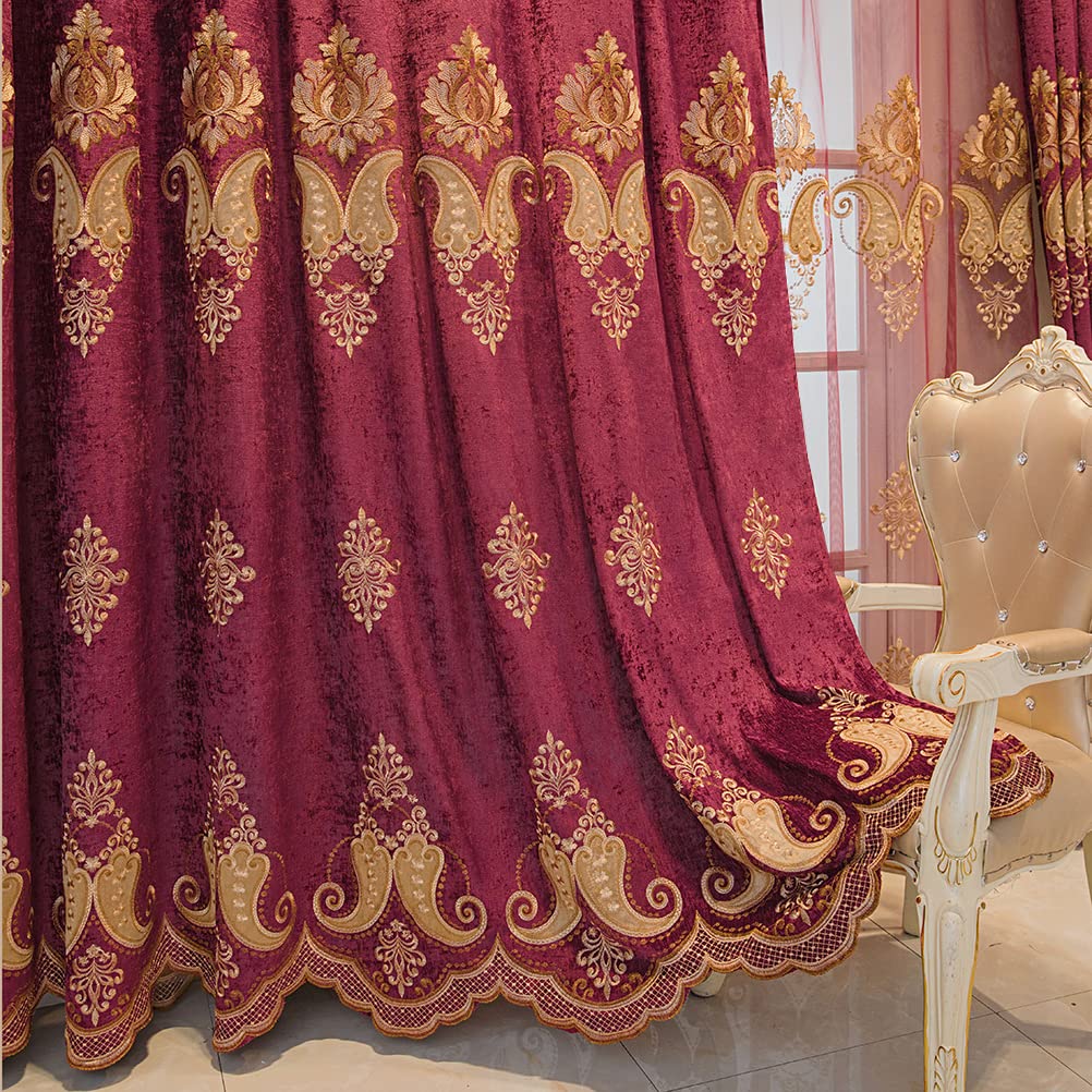 ELKCA Burgundy Red Chenille Curtains with Embroidered Pattern - European Style Living Room Drapes, Holiday Festival Window Treatments, Grommet Top (52