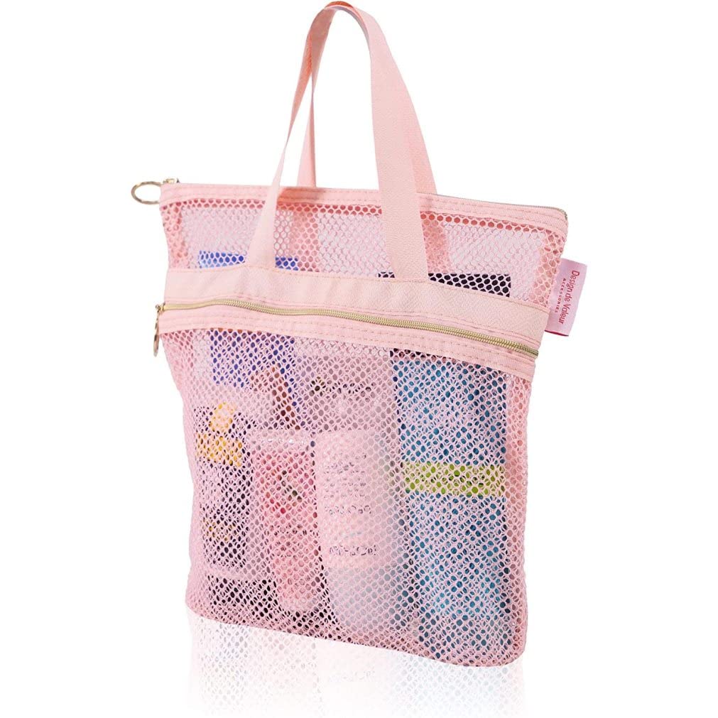 Quick-Dry Mesh Shower Caddy with Zipper & 2 Pockets - Lightweight Hanging Toiletry Organizer for Bathroom, College Dorm, Gym | Portable Travel Cosmetic Bag for Beach, Camping & Vacation (Pink)