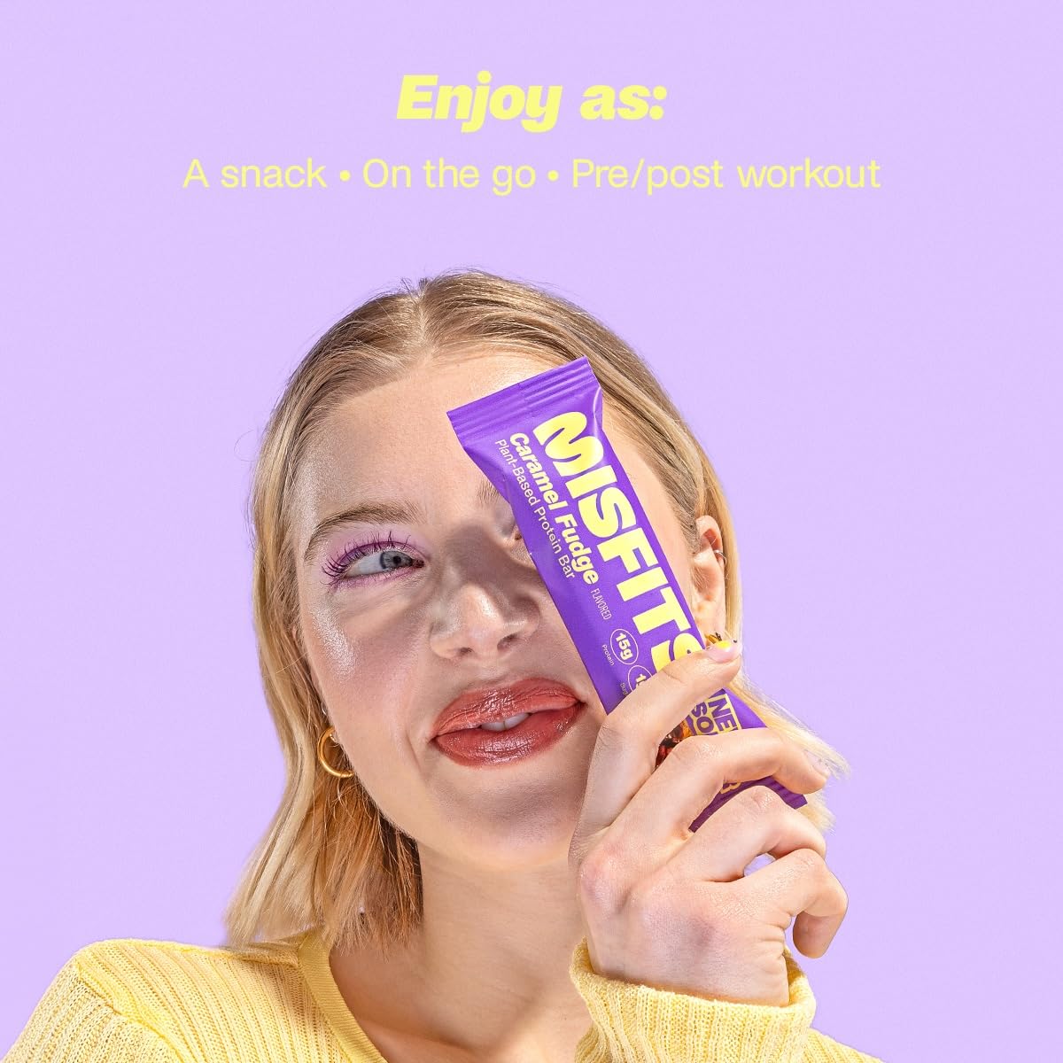 Misfits Vegan Protein Bars - Caramel Fudge Flavor | Plant-Based, Low Sugar & Low Carb, High Fiber Healthy Snacks | Pack of 15 | Perfect for Post-Workout Recovery, Keto Diet & On-the-Go Nutrition