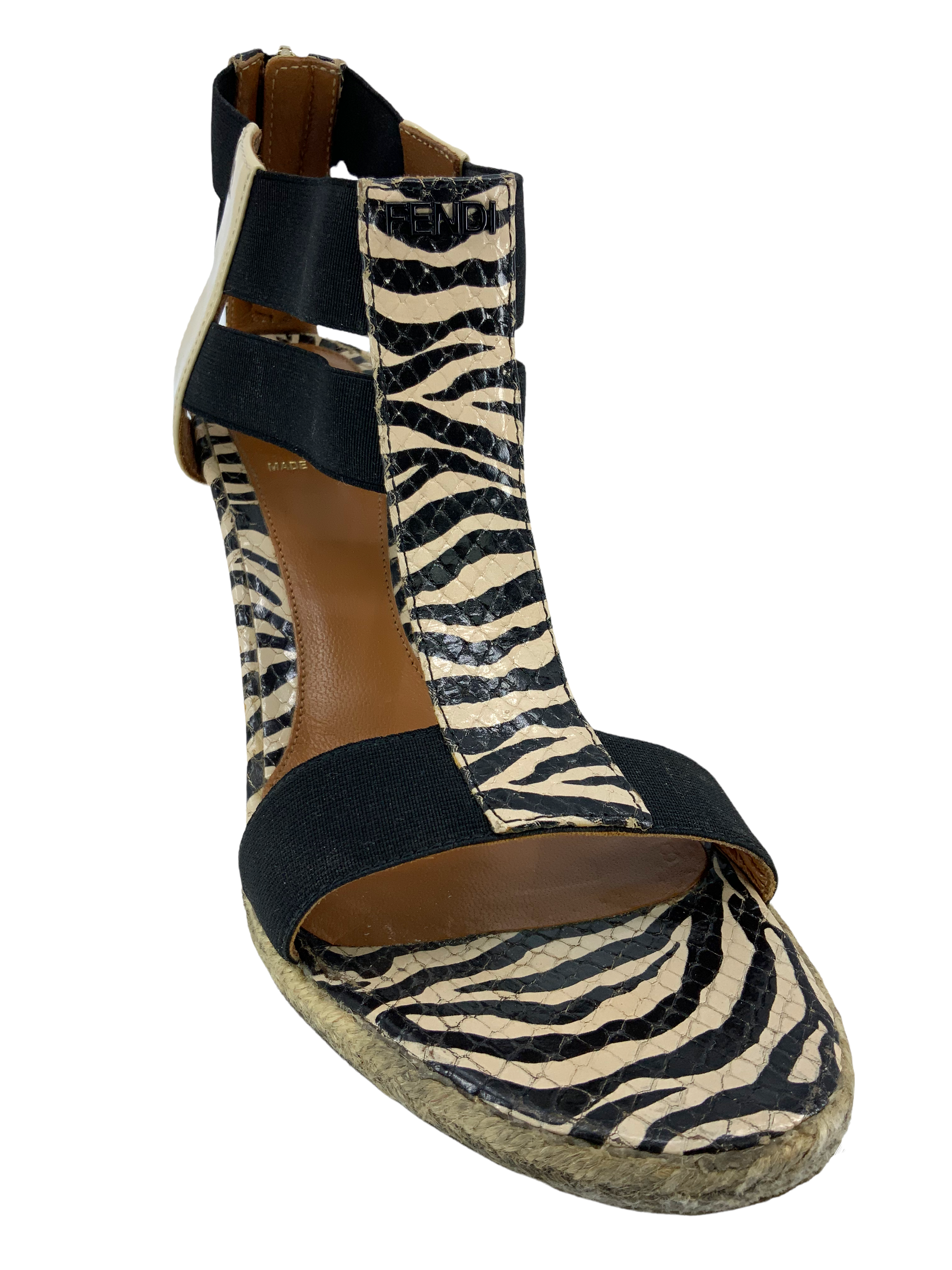FENDI Carioca Zebra Print Wedge Sandals Women's Size 8 | Luxury Designer High Heels for Parties, Weddings & Night Out