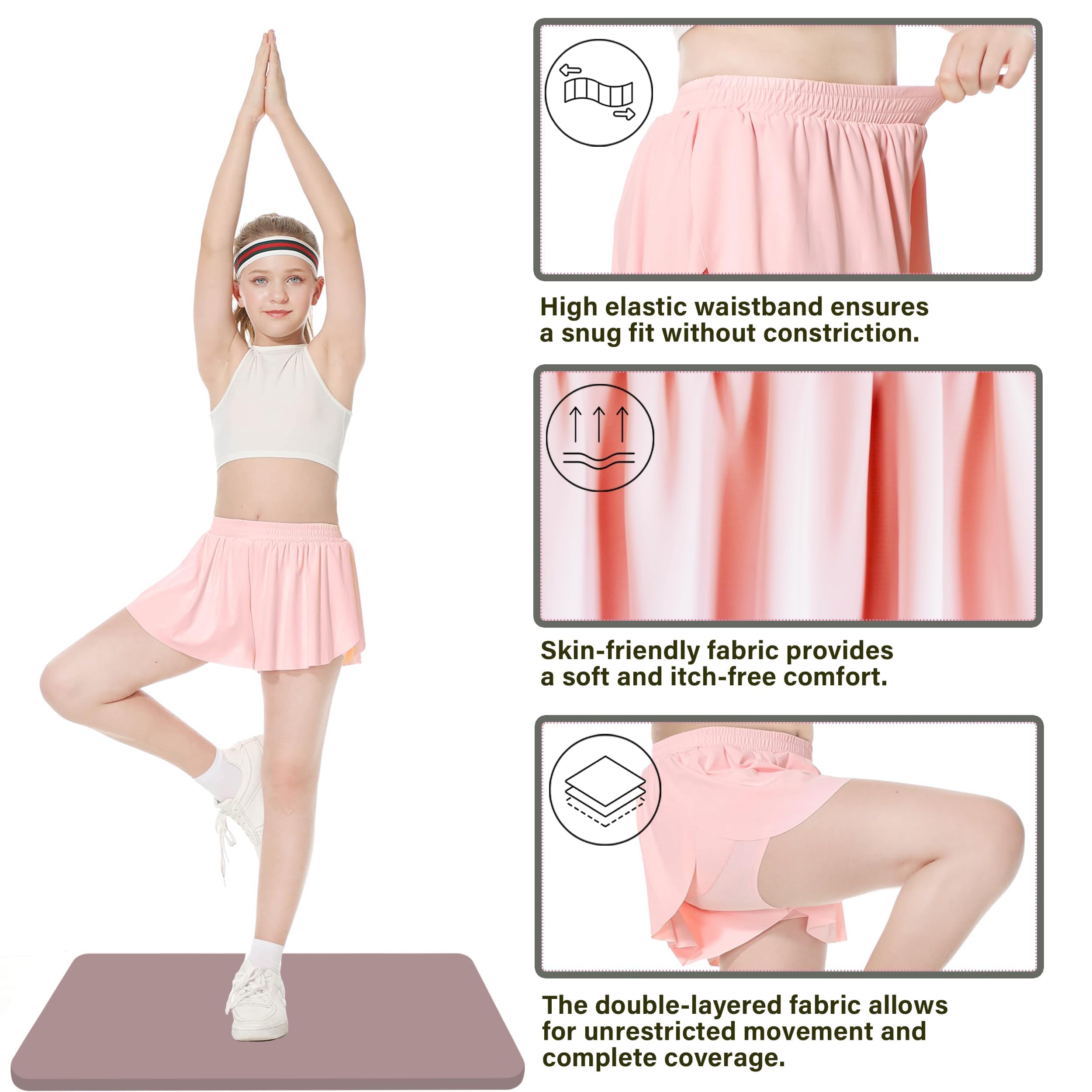 Girls Athletic Flowy Butterfly Shorts 2-in-1 Skorts - Preppy Tennis Skirt for Golf, Cheerleading & Running - Breathable Sports Wear for Active Kids - Perfect for School PE, Gym Class & Outdoor Play