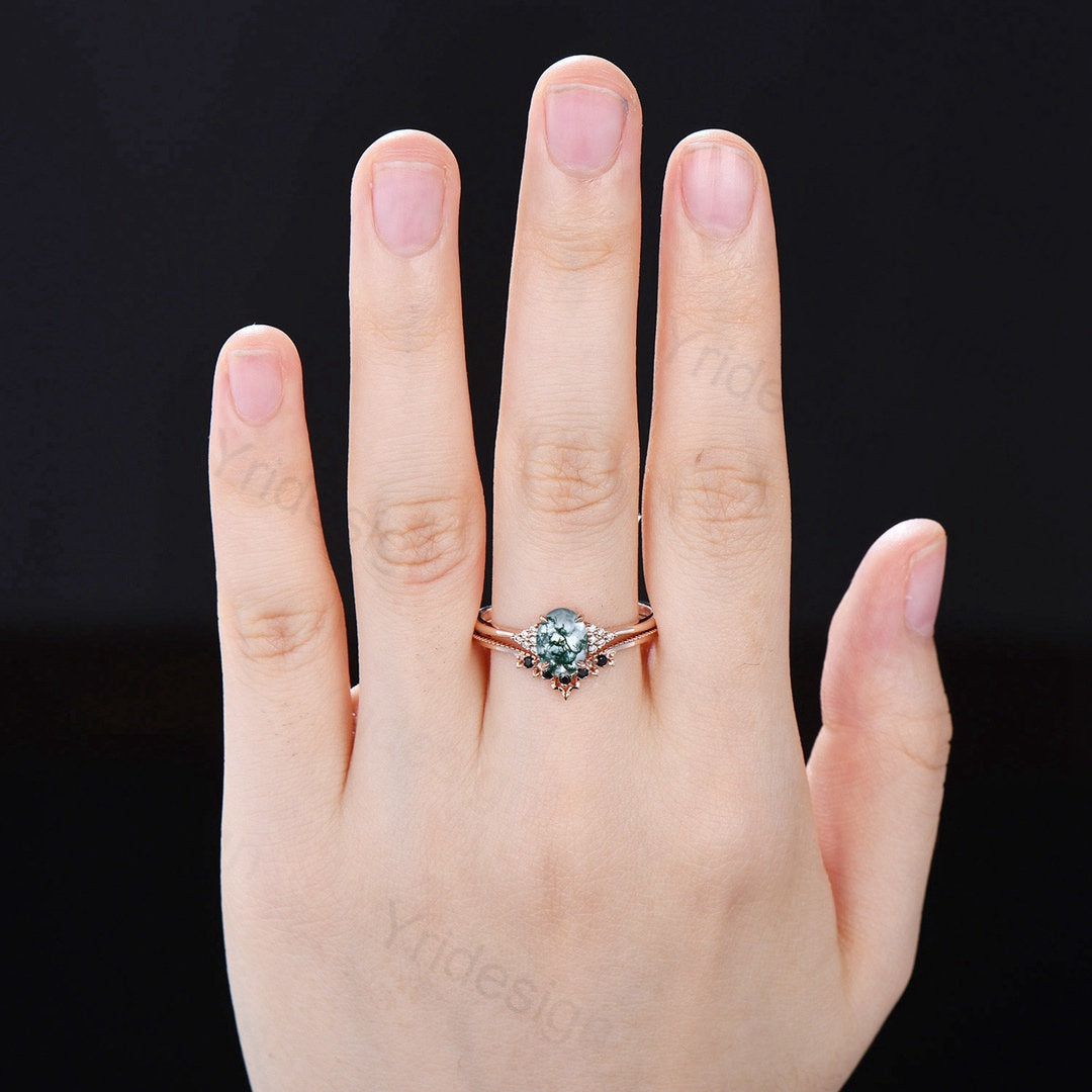 Oval Moss Agate Engagement Ring Set with Moissanite Cluster – Vintage Aquatic Agate Wedding Band & Black Spinel Stacking Ring for Women | Perfect for Promises, Anniversaries, and Boho Bridal Jewelry