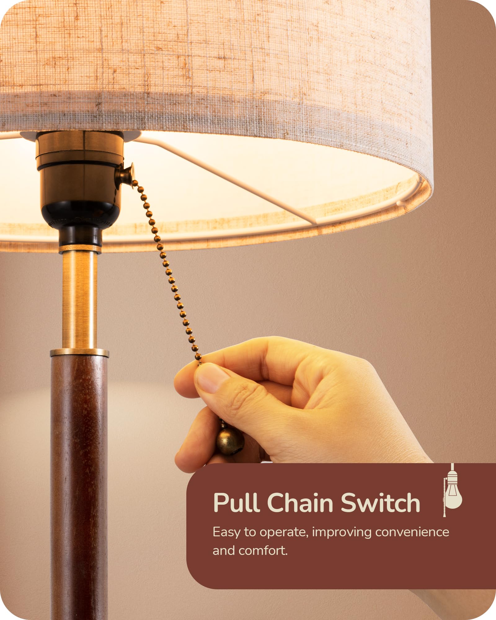 EDISHINE Mid Century Modern Table Lamp - Solid Wood & Metal Pole Bedside Lamp with Pull Chain Switch - Frosted Bronze & Wood Finish - Perfect for Living Room, Bedroom, Office Nightstand Lighting