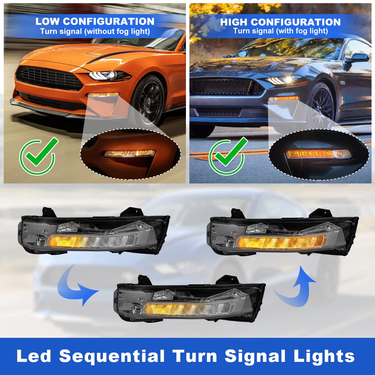 ROXX LED Fog Lights Assembly for 2018-2022 Ford Mustang - Full LED Replacement with DRL & Amber Sequential Turn Signals (Pair) - Upgrade Headlight Visibility for Night Driving & Foggy Conditions