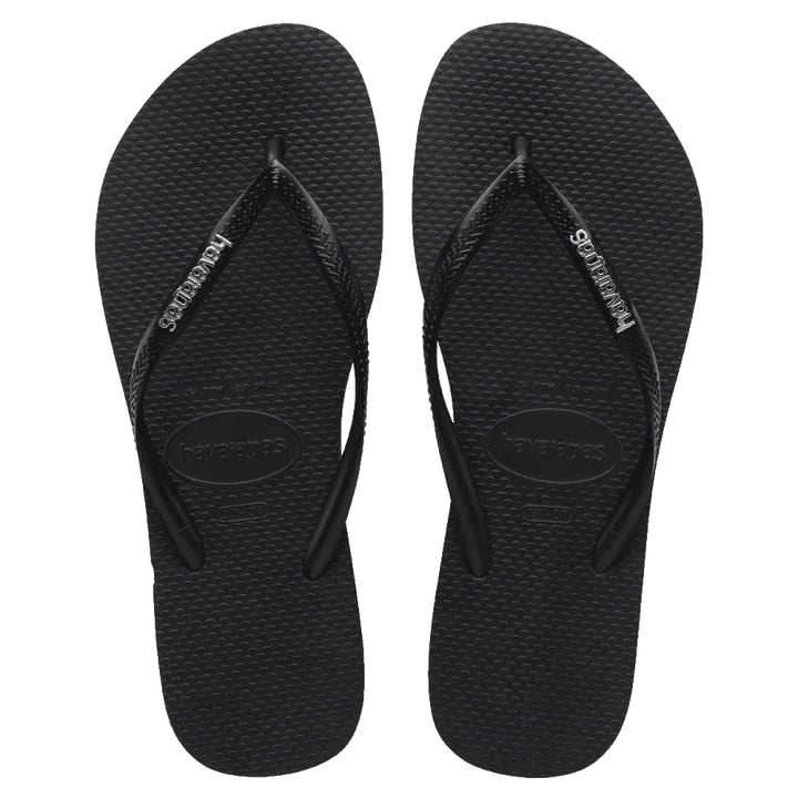 Havaianas Slim Logo Metallic Flip Flops for Women & Men - Comfortable Black & Silver Sandals for Beach, Pool, and Summer Vacation