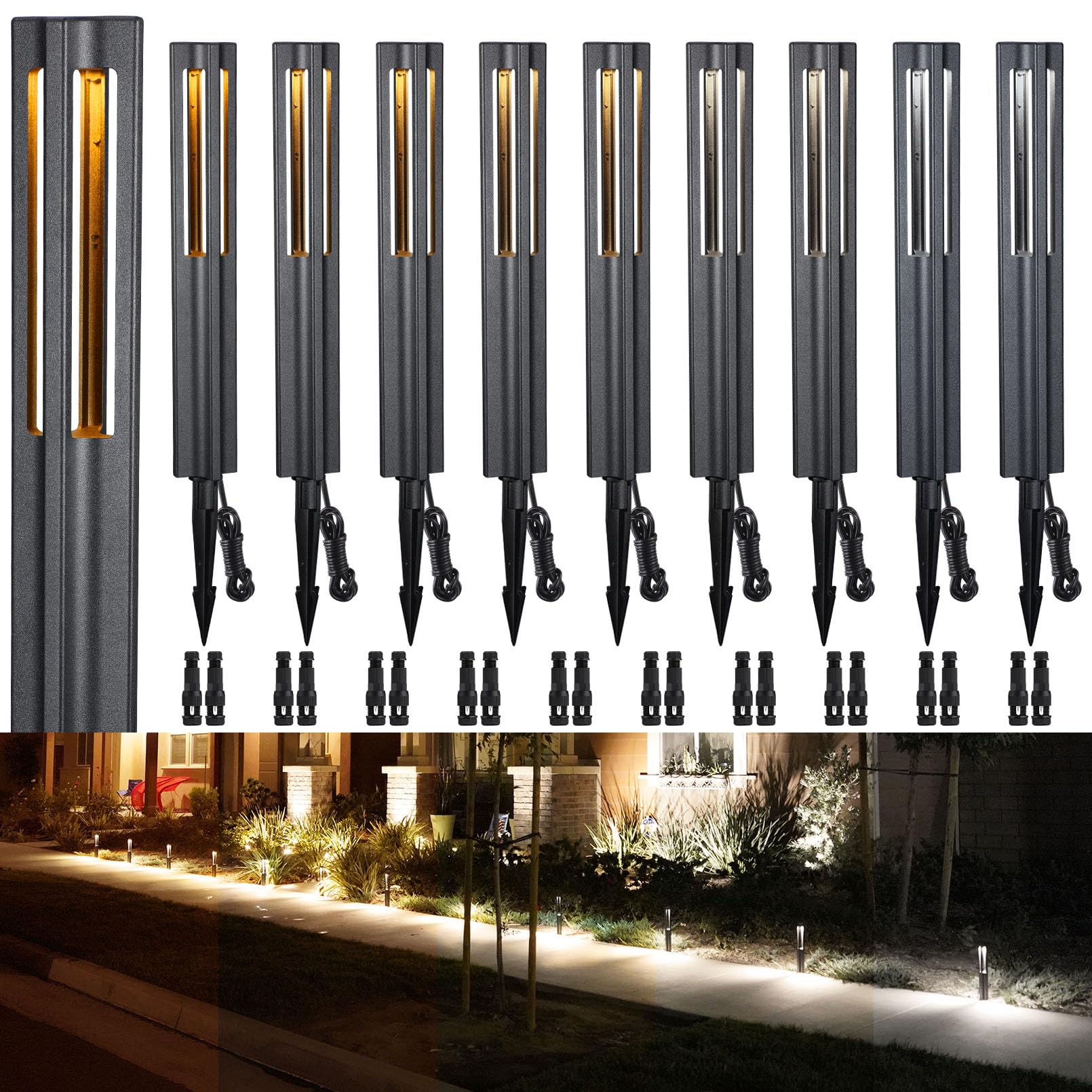 LEONLITE 5CCT Selectable LED Landscape Pathway Lights - 3W Low Voltage Outdoor Bollard Lights for Driveway, Garden & Walkway (1800K-5000K, Aluminum, 12-24V, ETL, IP65) - Pack of 10 | Perfect for Illuminating Pathways, Driveways & Garden Borders at Night