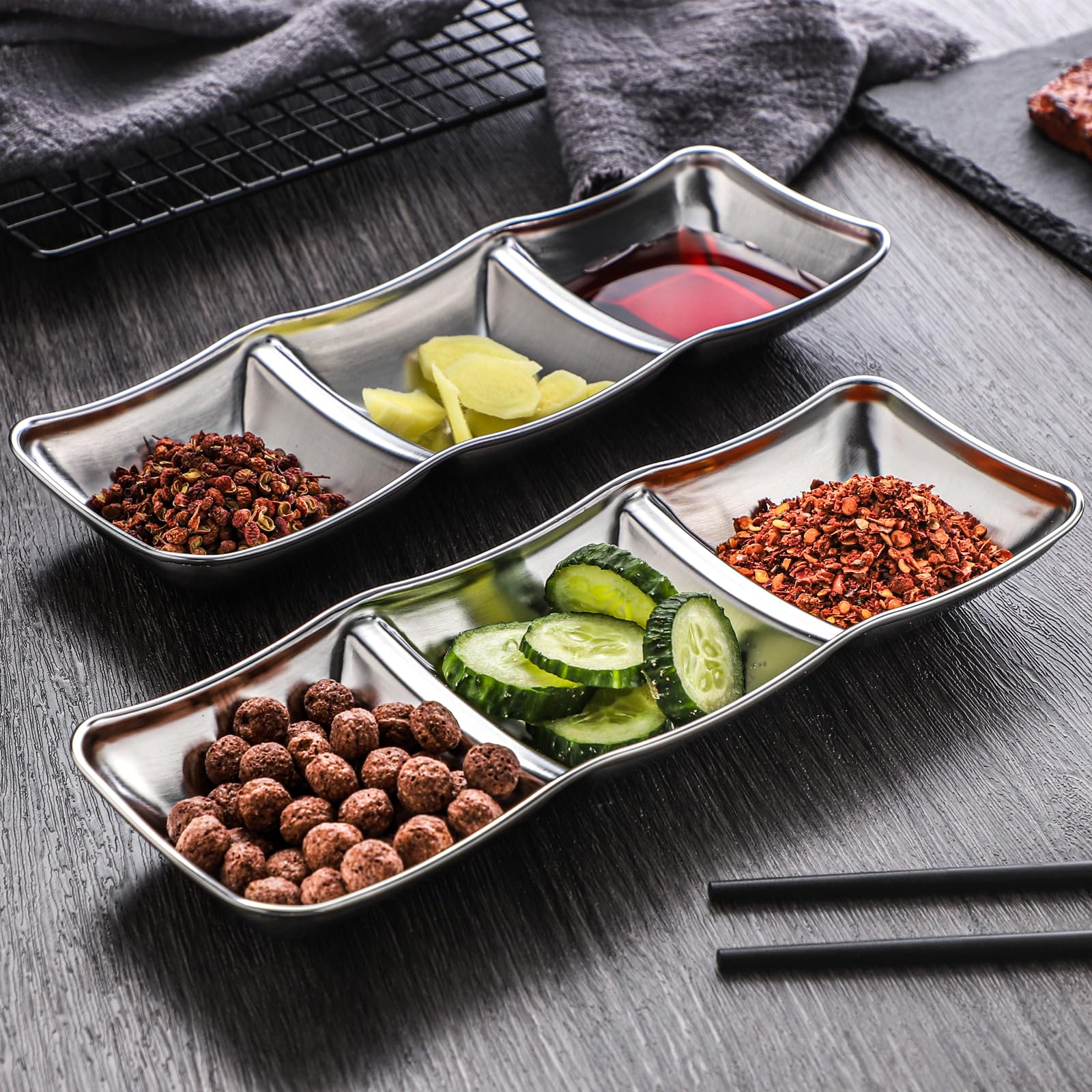 6-Piece Stainless Steel Divided Sauce Bowls - 3 Compartment Dipping Dishes for Soy Sauce, Ketchup, Seasoning - Perfect for Sushi, Dumplings, Hot Pot & Asian Cuisine