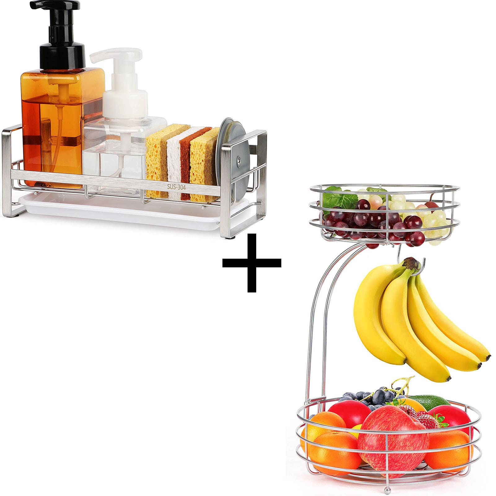 FANGSUN Kitchen Sink Sponge Holder with Drainage Holes & Countertop Fruit Bowl Set - Perfect for Organizing Kitchen Utensils and Displaying Fresh Fruits