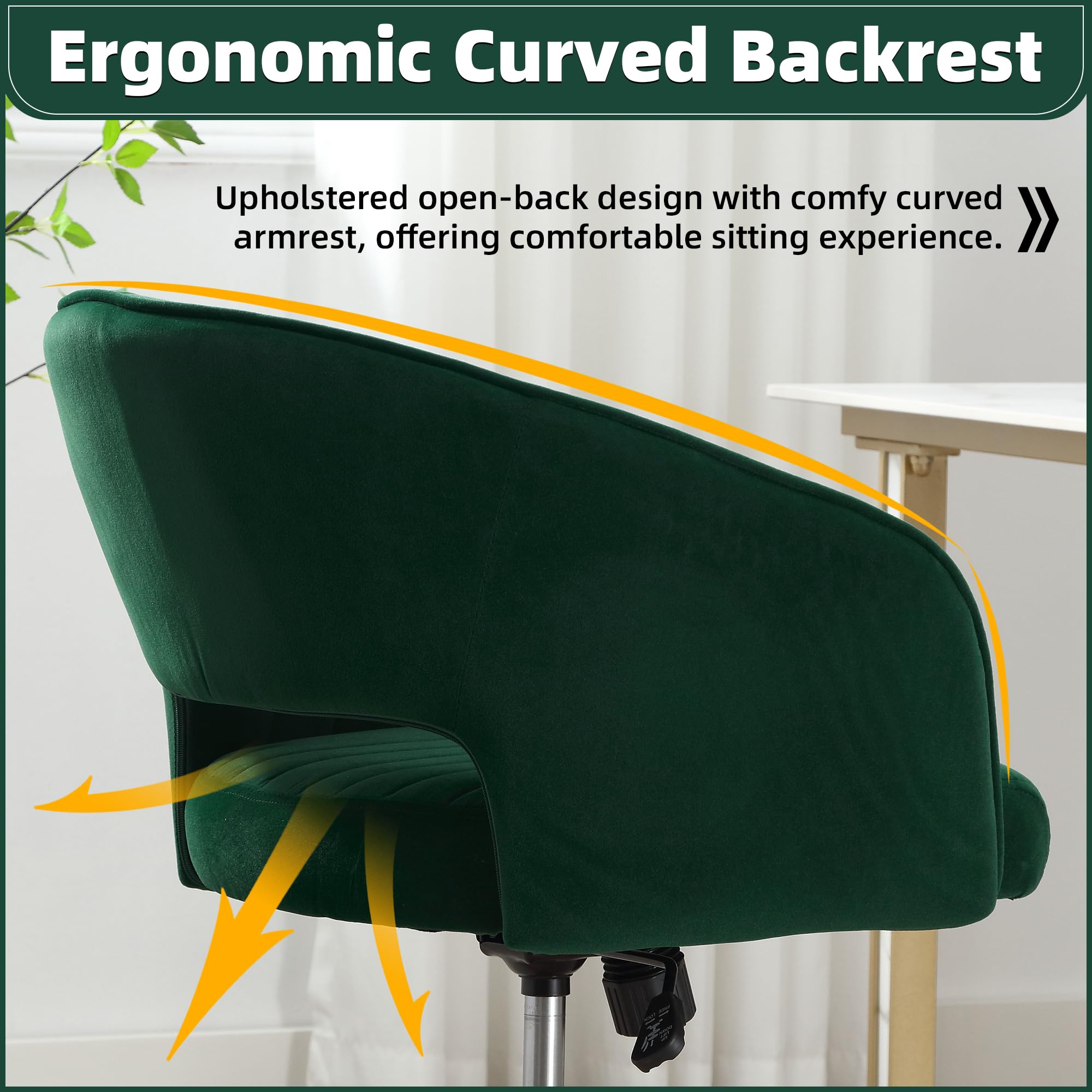 ABET Ergonomic Velvet Desk Chair with Wheels - Adjustable Swivel Office Chair with Gold Base for Home & Workspace - Modern Upholstered Armchair for Living Room, Bedroom & Vanity (Dark Green) - Perfect for Remote Work, Gaming & Study Sessions