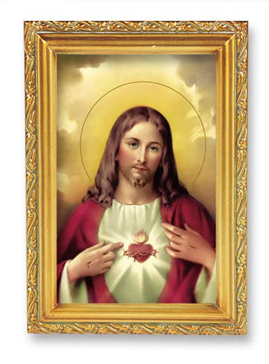 Antique Gold Sacred Heart of Jesus Framed Wall Art - Small Religious Home Decor with Acanthus Leaf Design - Perfect for Church, Prayer Room & Catholic Gift Giving