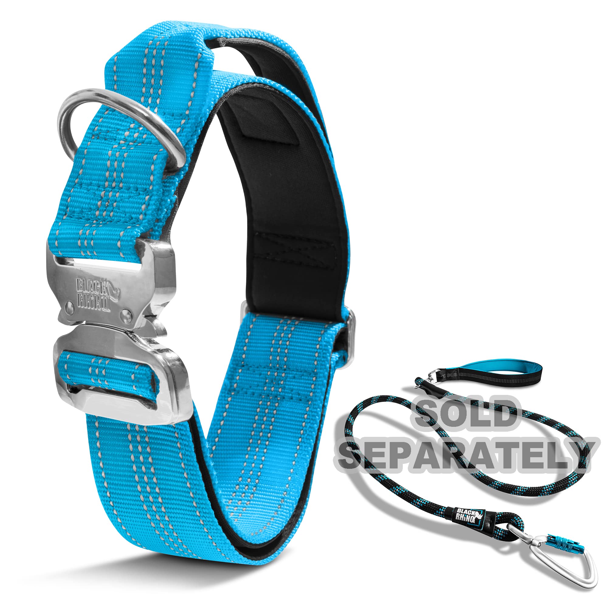 Black Rhino Tactical Dog Collar - Ultra-Soft Neoprene Padded Collar for Medium, Large & XL Dogs | Heavy Duty Metal Buckle | Padded Handle for Training | Perfect for Outdoor Adventures, Hiking & Daily Walks (Large, Sport Blue)