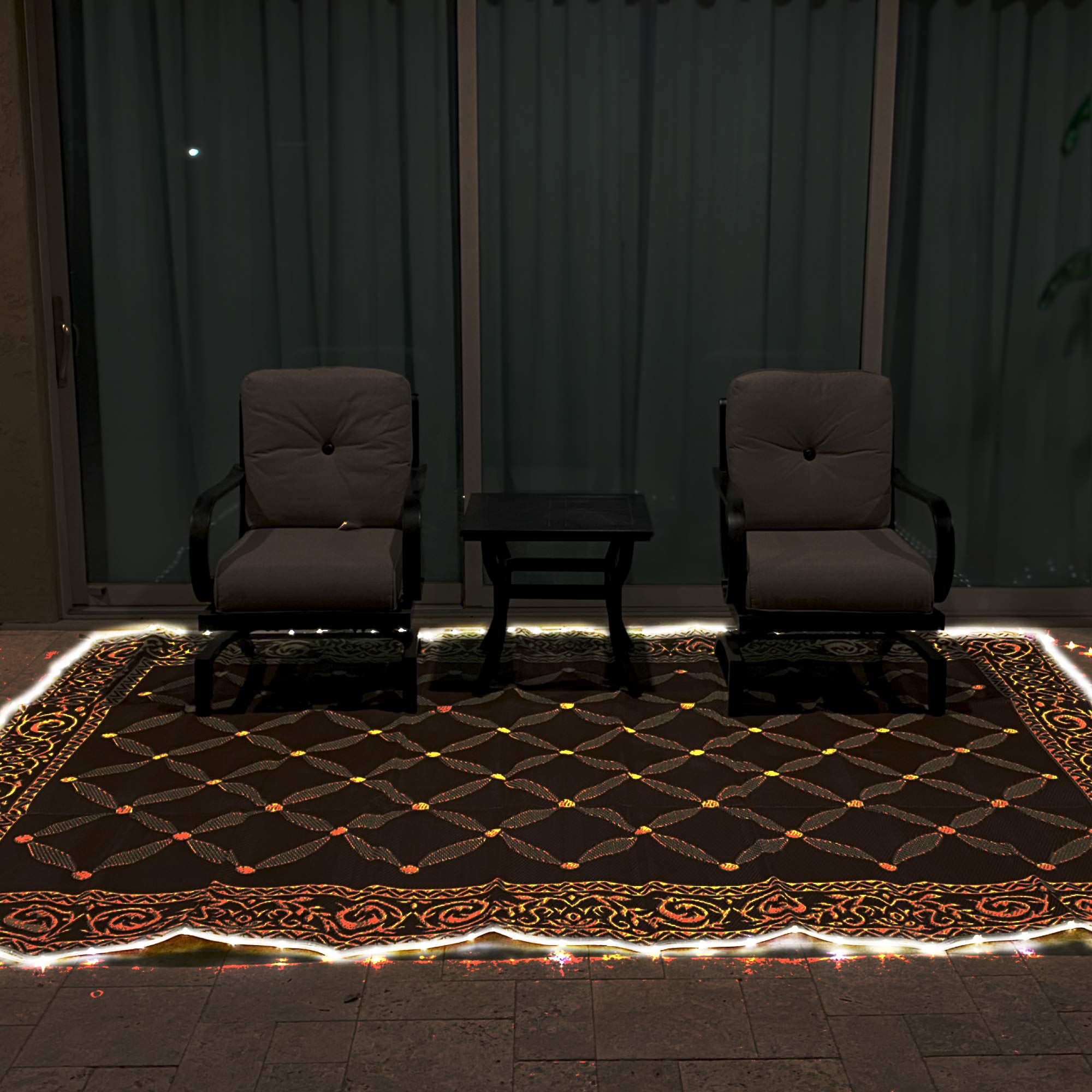 8x11ft LED Illuminated Outdoor Patio Mat - Waterproof Camping Rug for RV, Deck & Backyard - Brown/Beige Weather-Resistant Floor Mat - Perfect for Camping, Picnics & Outdoor Gatherings