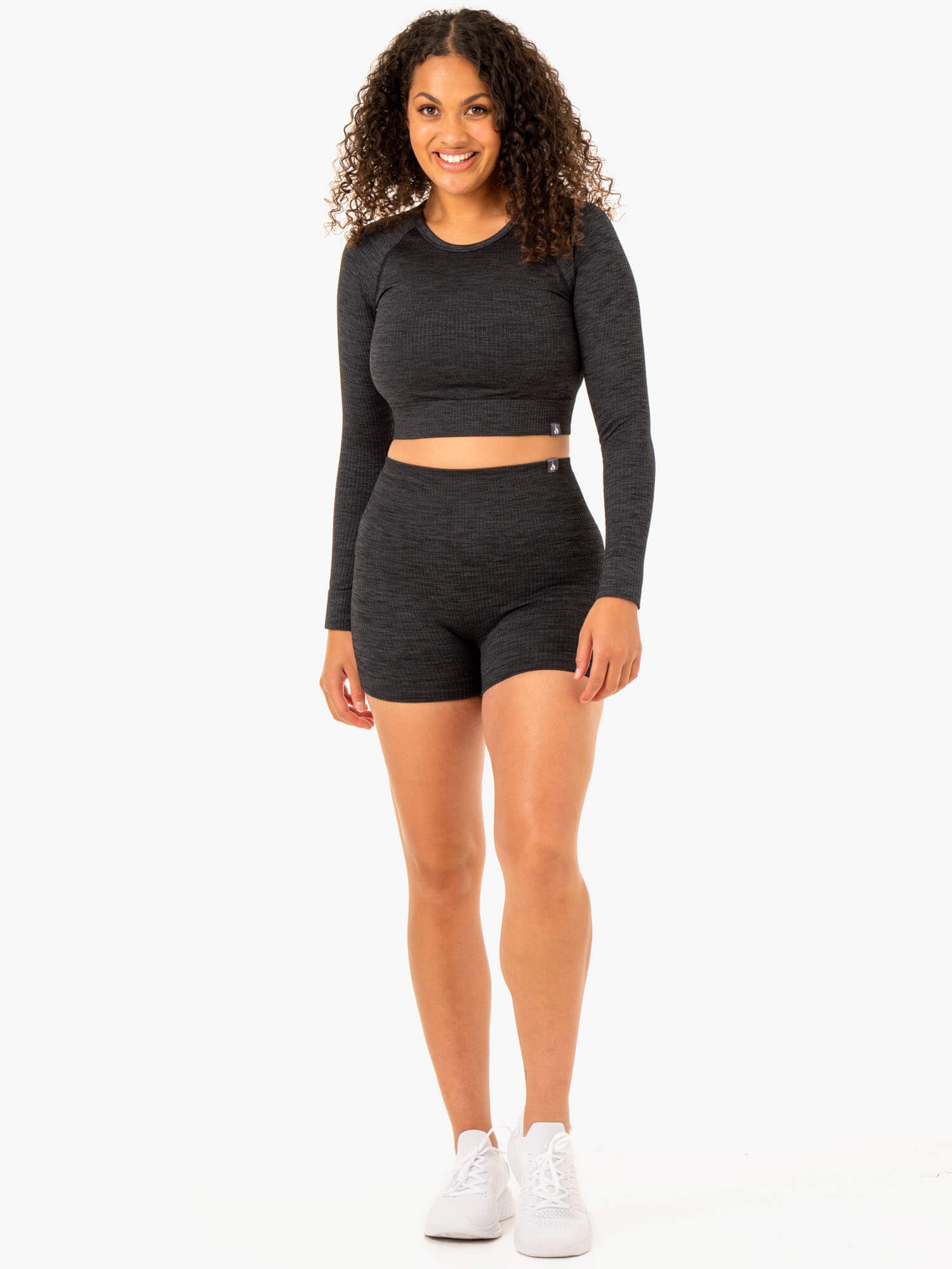 Seamless Ribbed Long Sleeve T-Shirt for Women - Stretch Comfort Fit Black Marl - Perfect for Layering, Casual Wear & Everyday Outfits