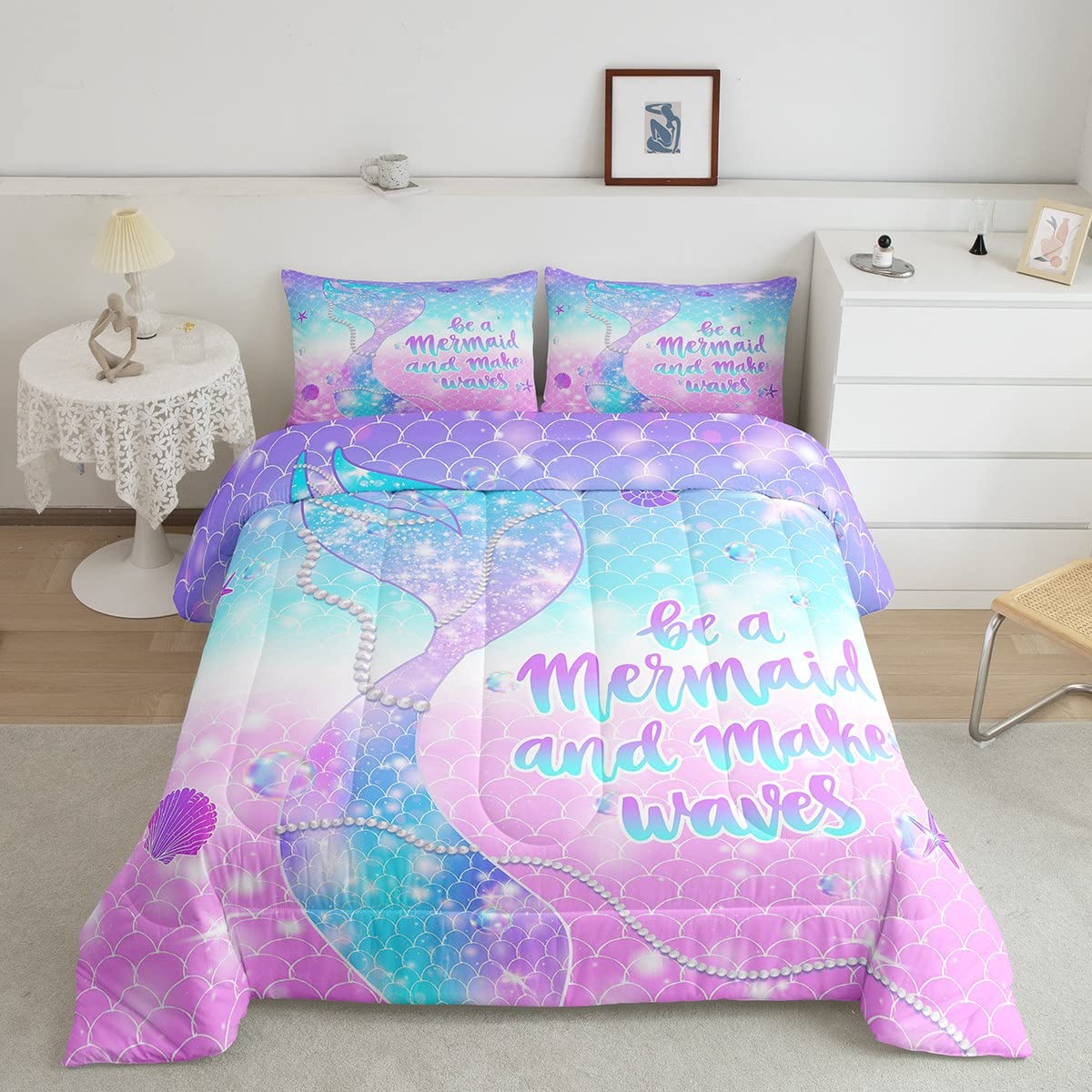 Mermaid Tail Twin Size Comforter Set for Girls - Pink Blue Gradient Galaxy Bedding 2pc, Kids Room Decor, Fantasy Ocean Theme Duvet Cover with Glitter Fish Scales Design - Perfect for Bedroom, Sleepover & Themed Room Decorations