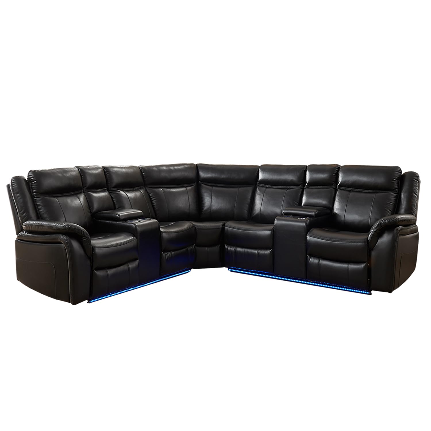 Power Recliner Sectional Sofa with LED Lights, USB Charger & Cup Holders - Faux Leather Reclining Corner Couch Set with 2 Home Theater Seats & Storage Console - Black - Perfect for Living Room, Home Theater & Family Movie Nights