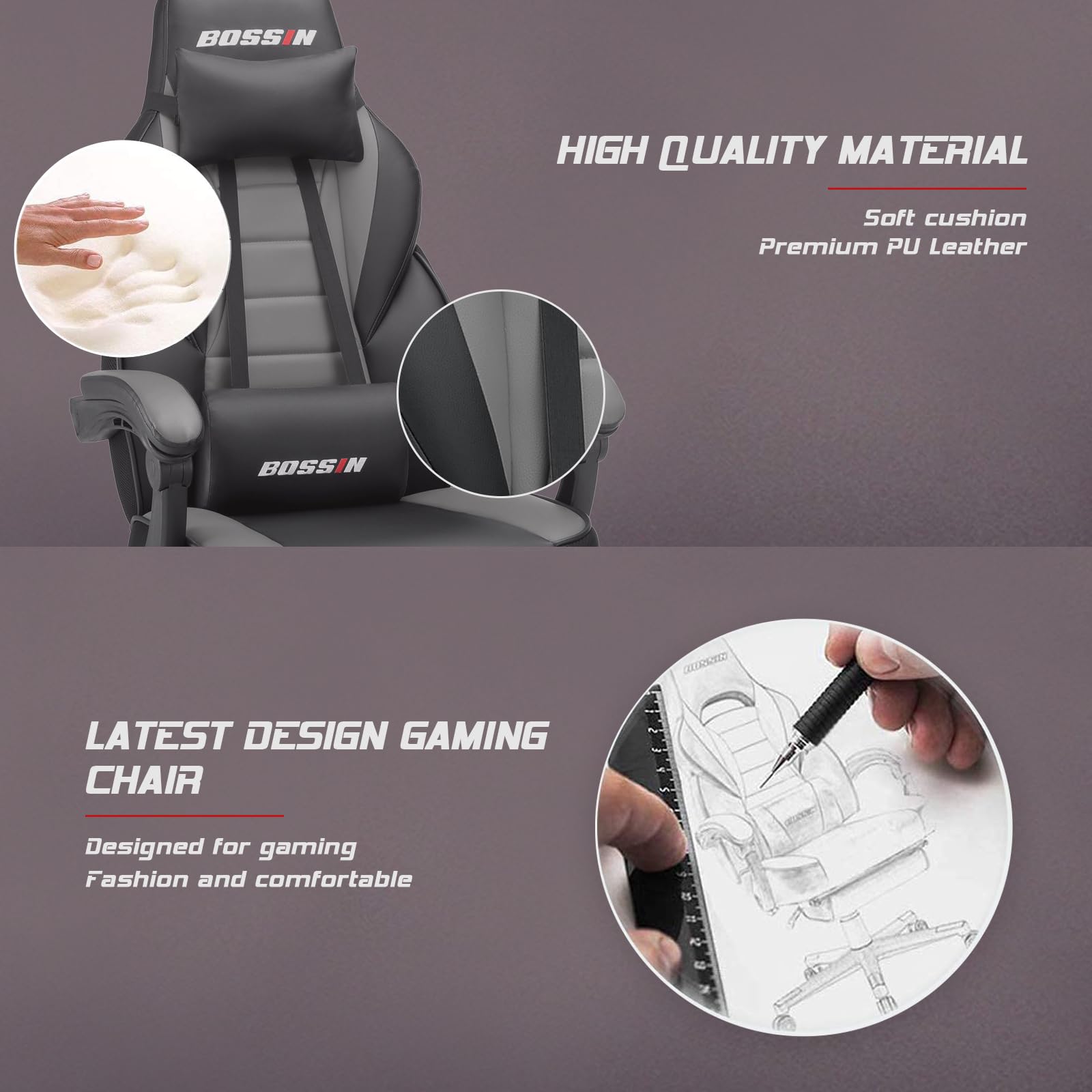 BOSSIN Ergonomic Gaming Chair with Massage & Footrest - Heavy Duty High Back Office Chair with Lumbar Support & Large Cushion for Big & Tall Adults - Perfect for Home Office, Gaming Setup, and Streaming Studios