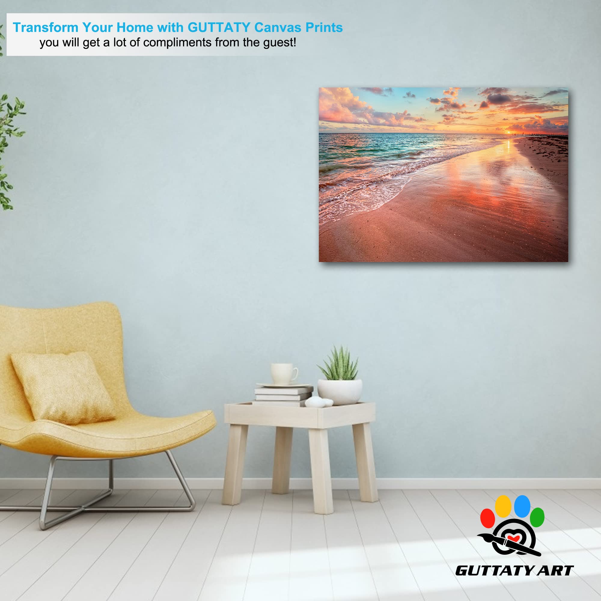 GUTTATY Large Sunset and Beach Canvas Wall Art - Ocean Coastal Painting for Living Room Decor - Framed Seascape Canvas Print (28x40 Inches) | Perfect for Beach House, Bedroom & Office Wall Decoration