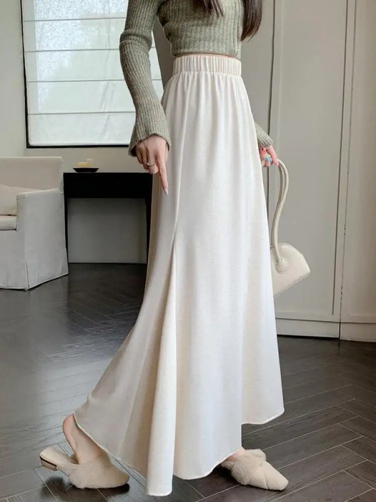 Women's Black Elastic High Waist Fishtail Skirt - Korean Style Beige Pleated A-Line Long Skirt for Autumn Winter | Elegant Vacation Outfit, Office Wear & Party Dress
