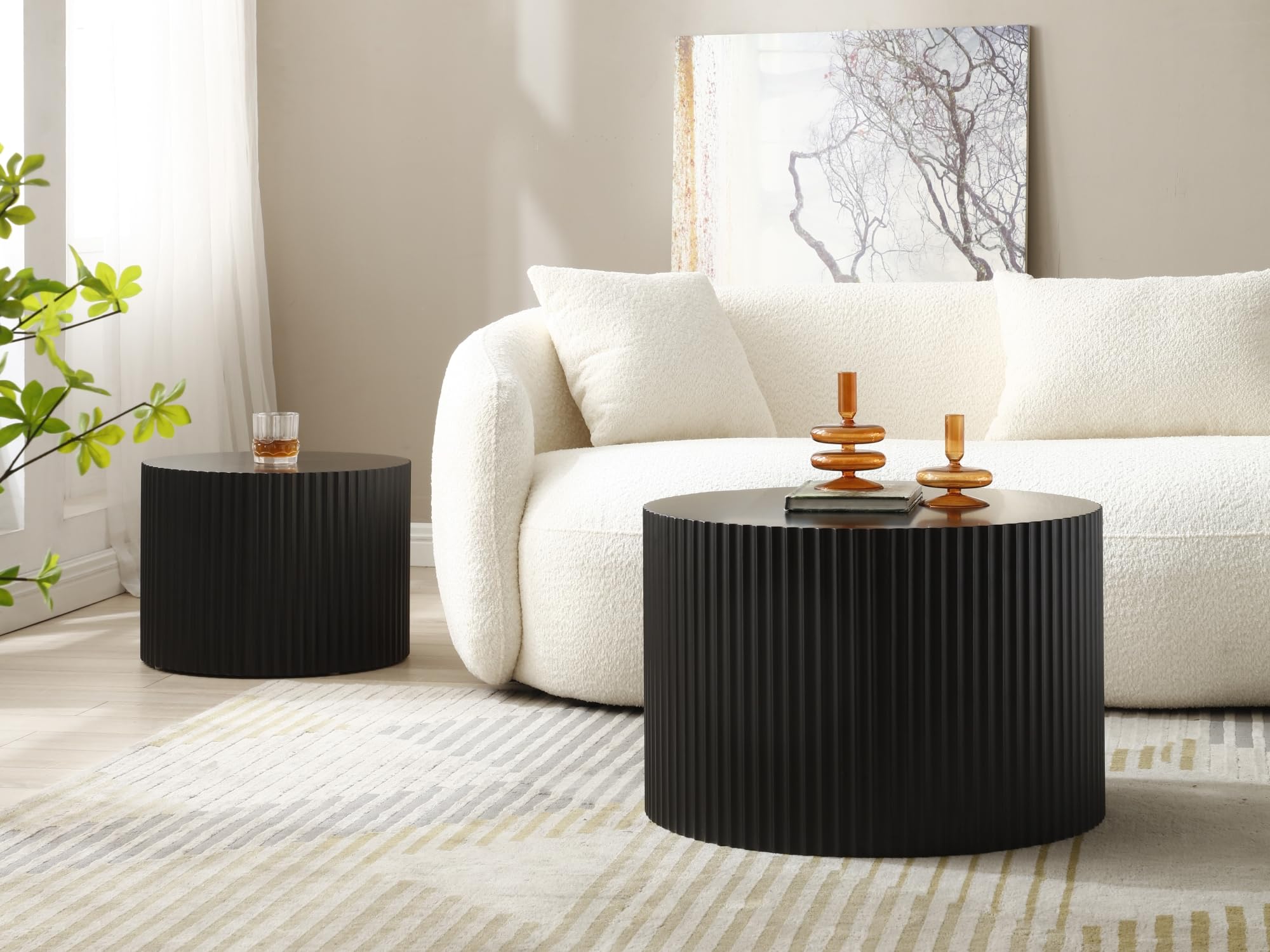 HMFULE 2-Piece Round Nesting Coffee Table Set - Modern Drum Cocktail & End Table for Living Room - Matte Black - Perfect for Small Spaces, Lounge & Home Decor