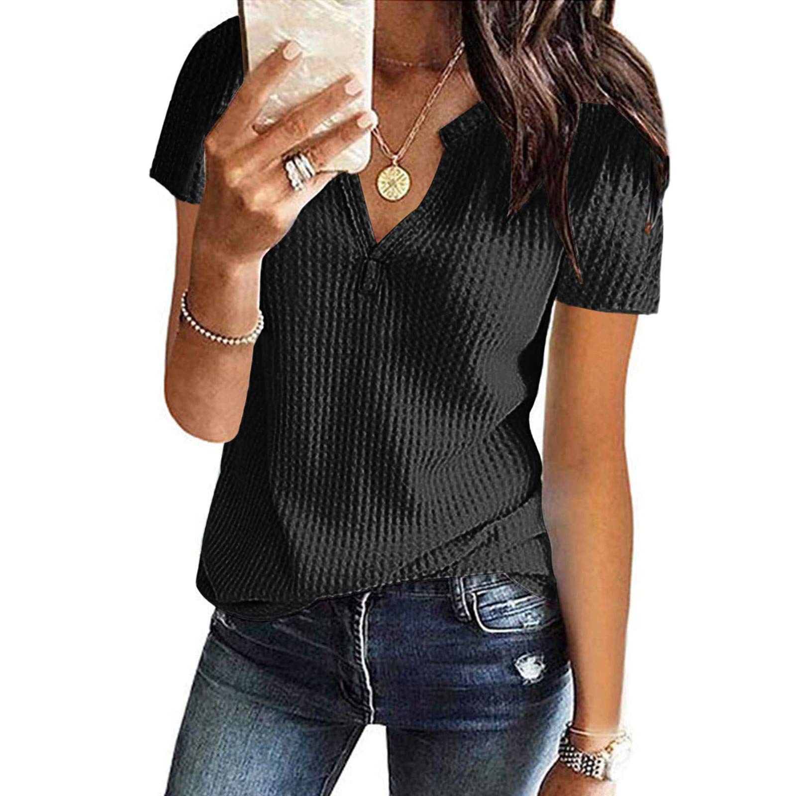 Women's Casual Waffle Knit Short Sleeve Tunic Top - V Neck Henley Button Up Loose Blouse for Summer | Perfect for Beach Outings, Weekend Brunch & Relaxing at Home