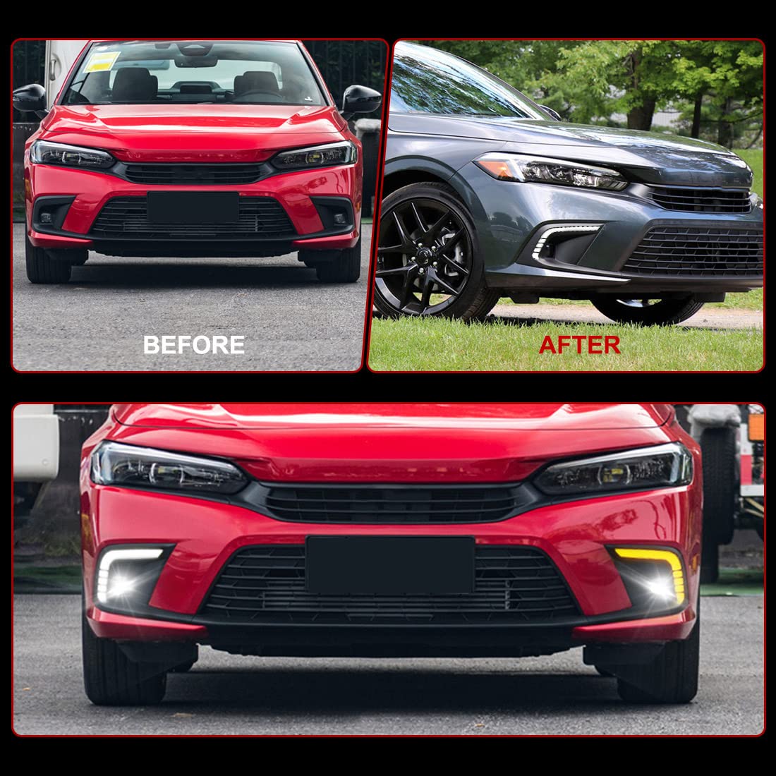 2021-2022 Honda Civic LED Daytime Running Lights (DRL) with Sequential Turn Signal - Tri-Color Fog Lights & Bezel + Wiring Harness - Upgrade for Enhanced Visibility & Style