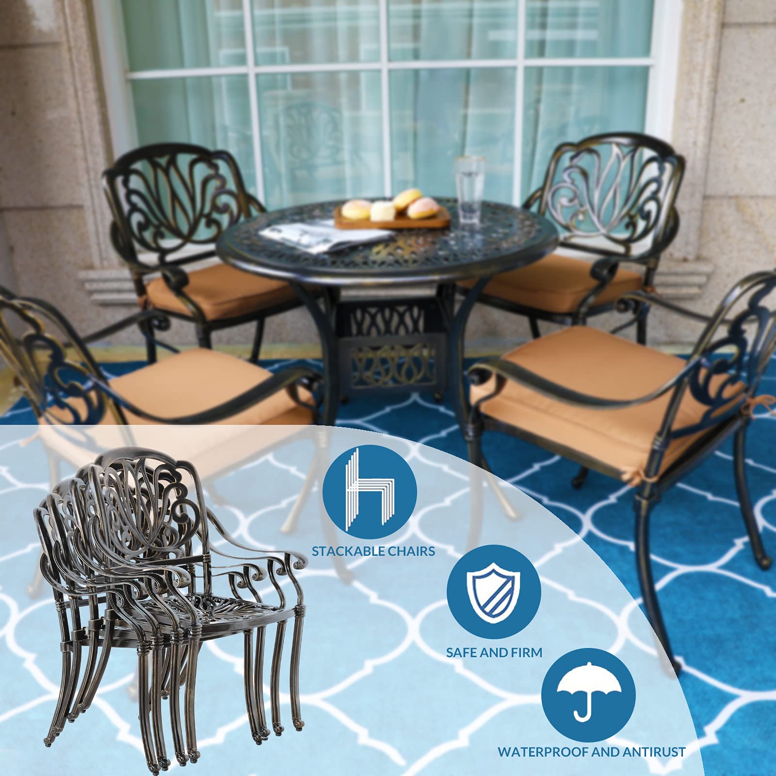 MEETWARM 5-Piece Outdoor Patio Dining Set - All-Weather Cast Aluminum Table & Chairs with Cushions - Garden, Backyard, Deck Furniture - Includes 4 Chairs, 4 Cushions & 1 Round Table with Umbrella Hole - Perfect for Outdoor Entertaining & Relaxation