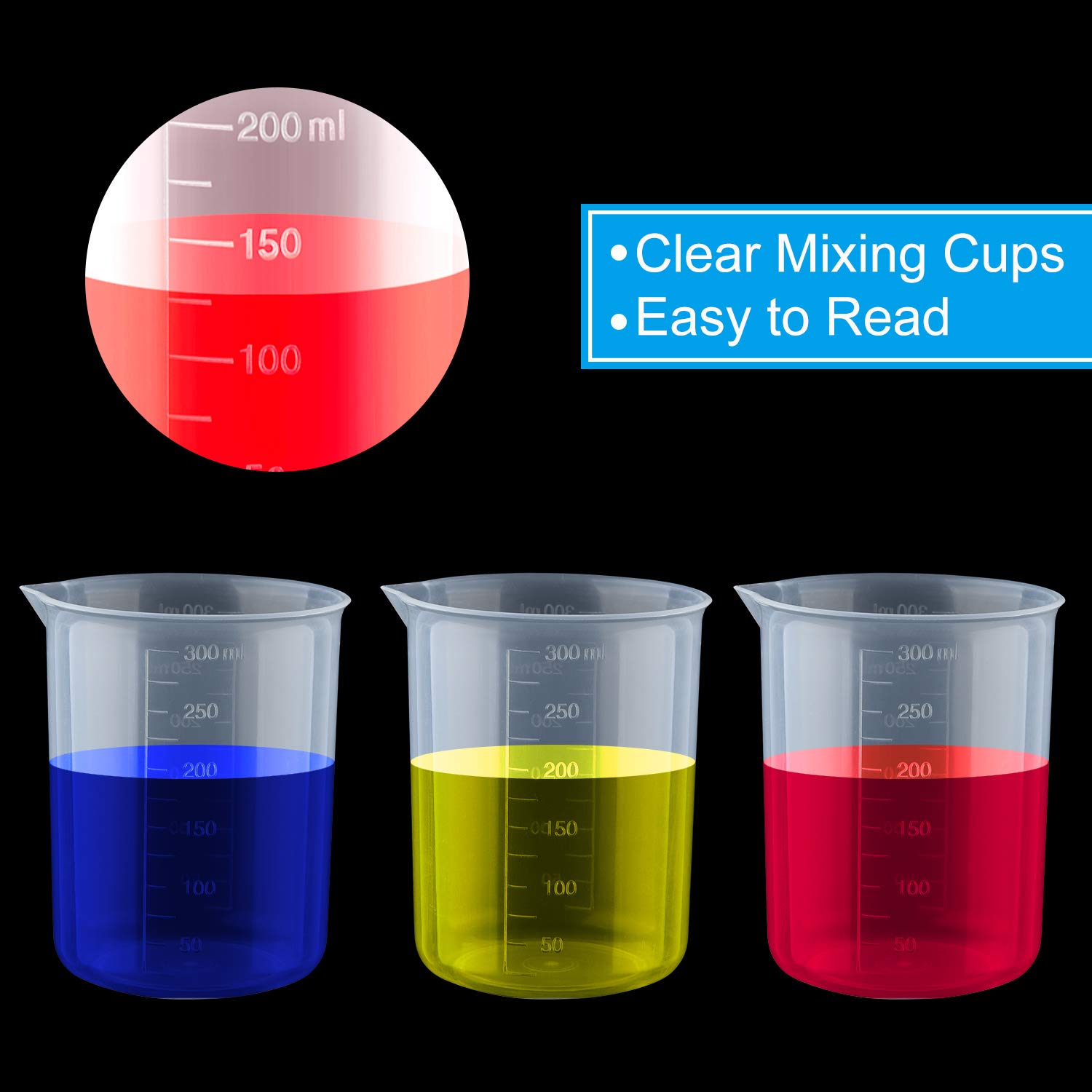 Coopay 12-Pack 300ml/10.1oz Clear Plastic Beakers - Epoxy Resin Mixing Cups with Measurement Marks & 50 Wooden Stir Sticks - Ideal for DIY Crafts, Paint Mixing, Science Experiments & Lab Use
