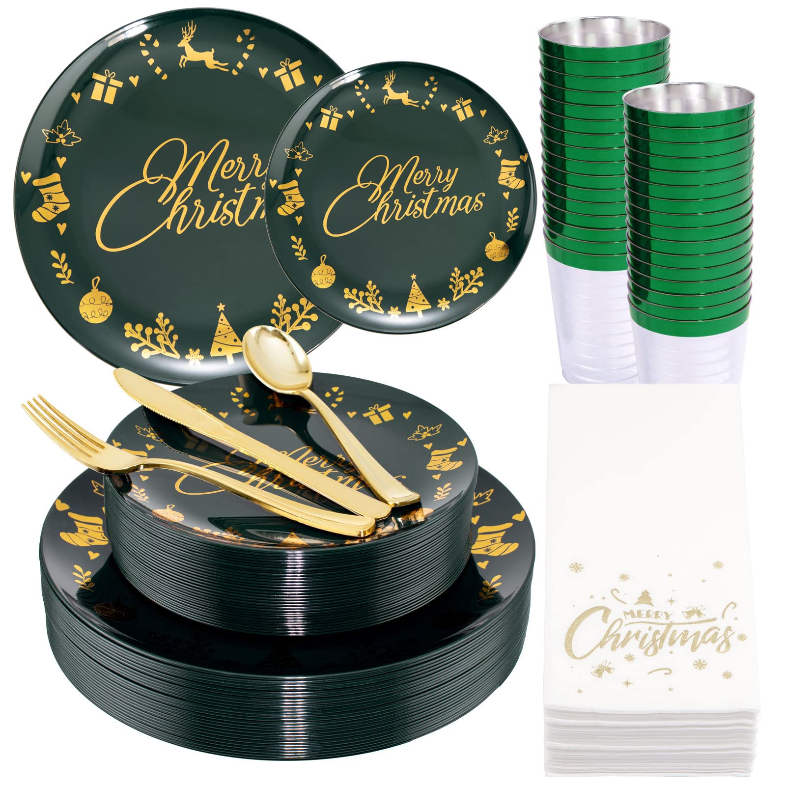YOUBET 175-Piece Christmas Party Dinnerware Set - 25 Green Plastic Plates, 25 Gold Plastic Silverware (Knives, Forks, Spoons), 25 Cups & 25 Napkins - Holiday Tableware for Christmas Celebrations, Family Gatherings & Festive Decorations