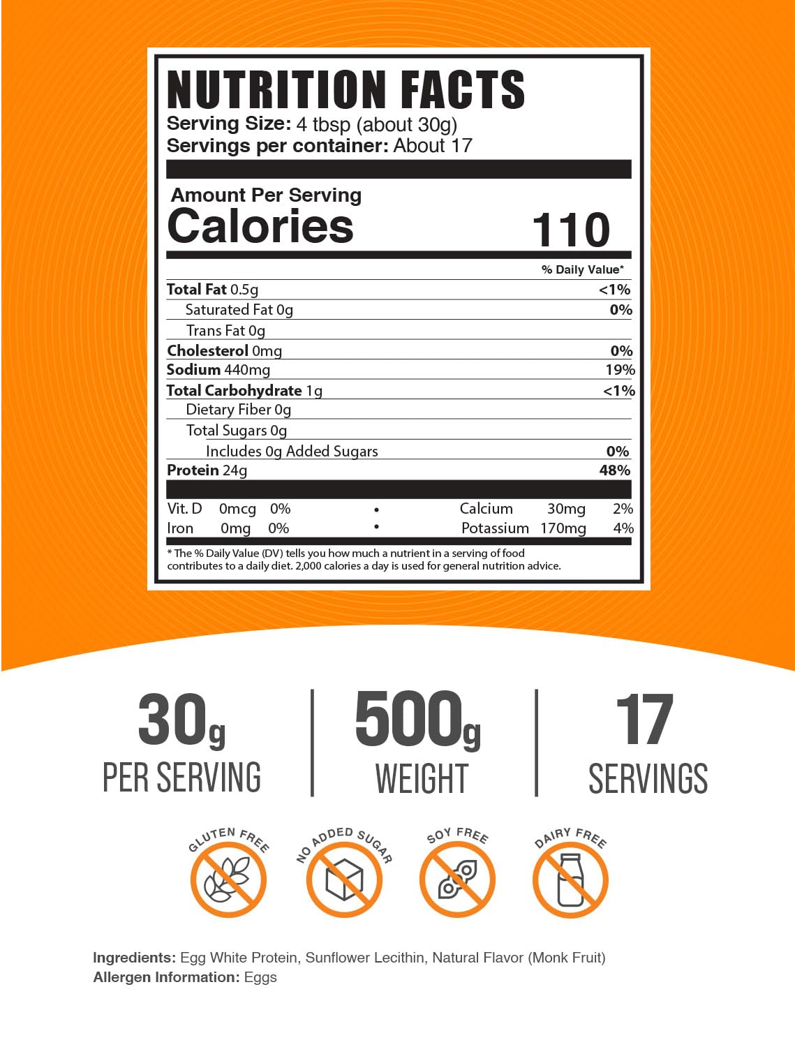 BulkSupplements Pure Egg White Protein Powder - 500g (1.1 lbs) Unflavored, Lactose Free & Dairy Free Protein Supplement - 30g per Serving for Baking, Smoothies & Post-Workout Recovery