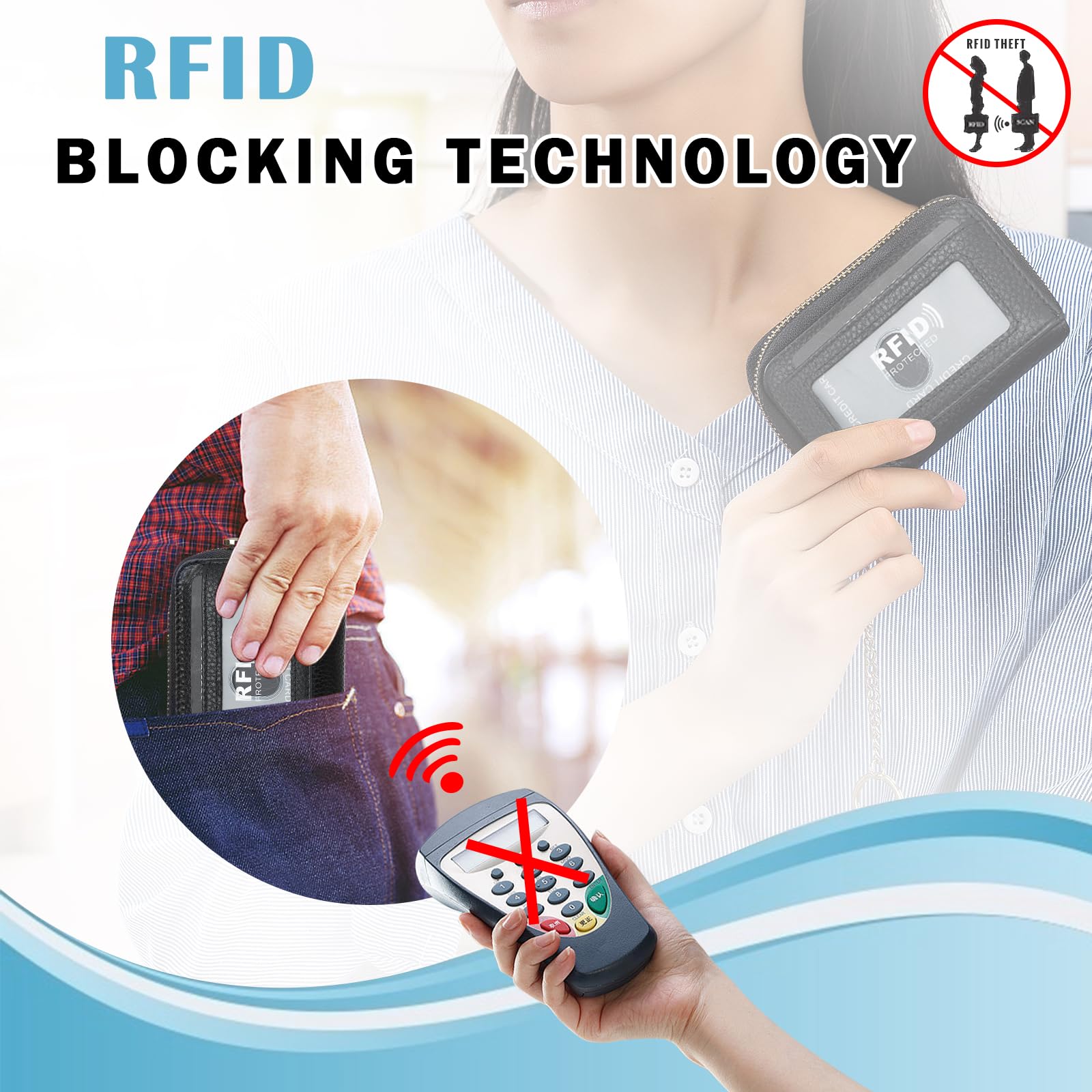 RFID Blocking Leather Card Holder for Women - 10 Slot Zipper Wallet with Keychain & ID Window, Perfect for Travel & Daily Use