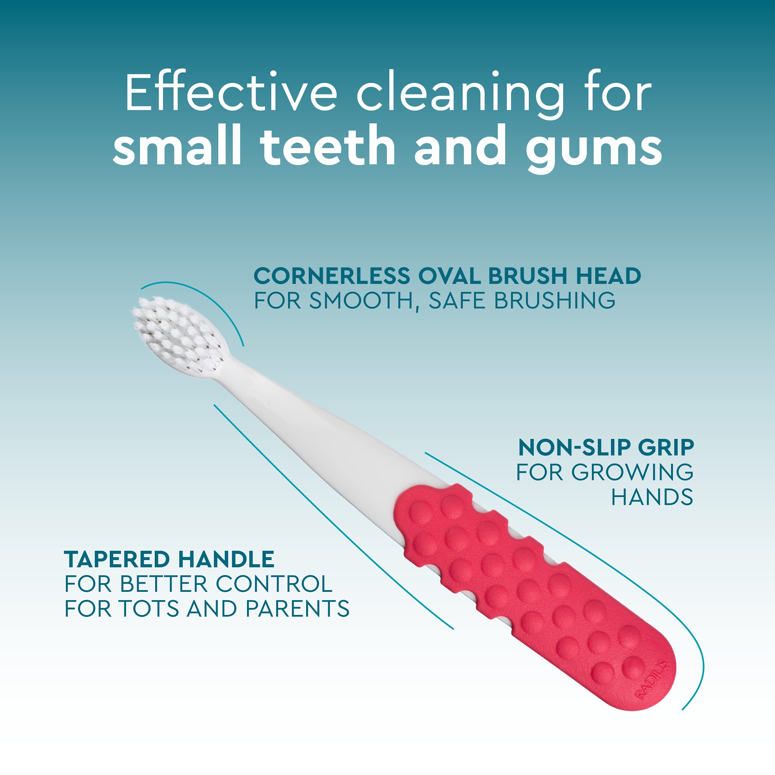 RADIUS Totz Plus Kids Toothbrush - Ultra Soft Bristles, BPA Free, ADA Accepted - Gentle Dental Care for Children 3+ Years (Blue/White, Green/Yellow, Blue/Blue) - 3 Pack - Perfect for Toddler Oral Hygiene & First Toothbrush Training