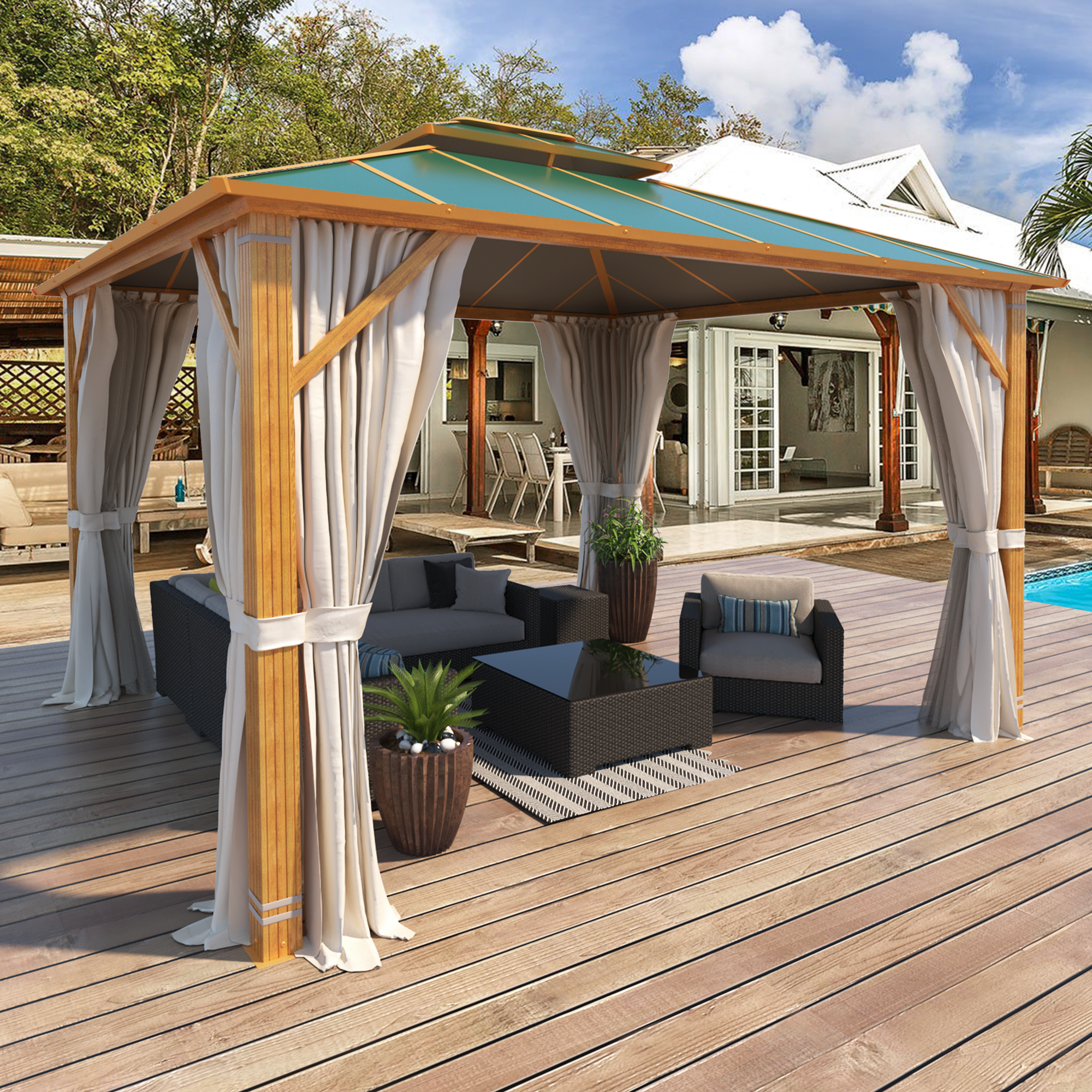 EROMMY 10'x12' Outdoor Gazebo with Wood Grain Hardtop - Aluminum Composite Double Roof, Privacy Curtain & Mosquito Net (Green) - Perfect for Patio, Garden, and Backyard Relaxation