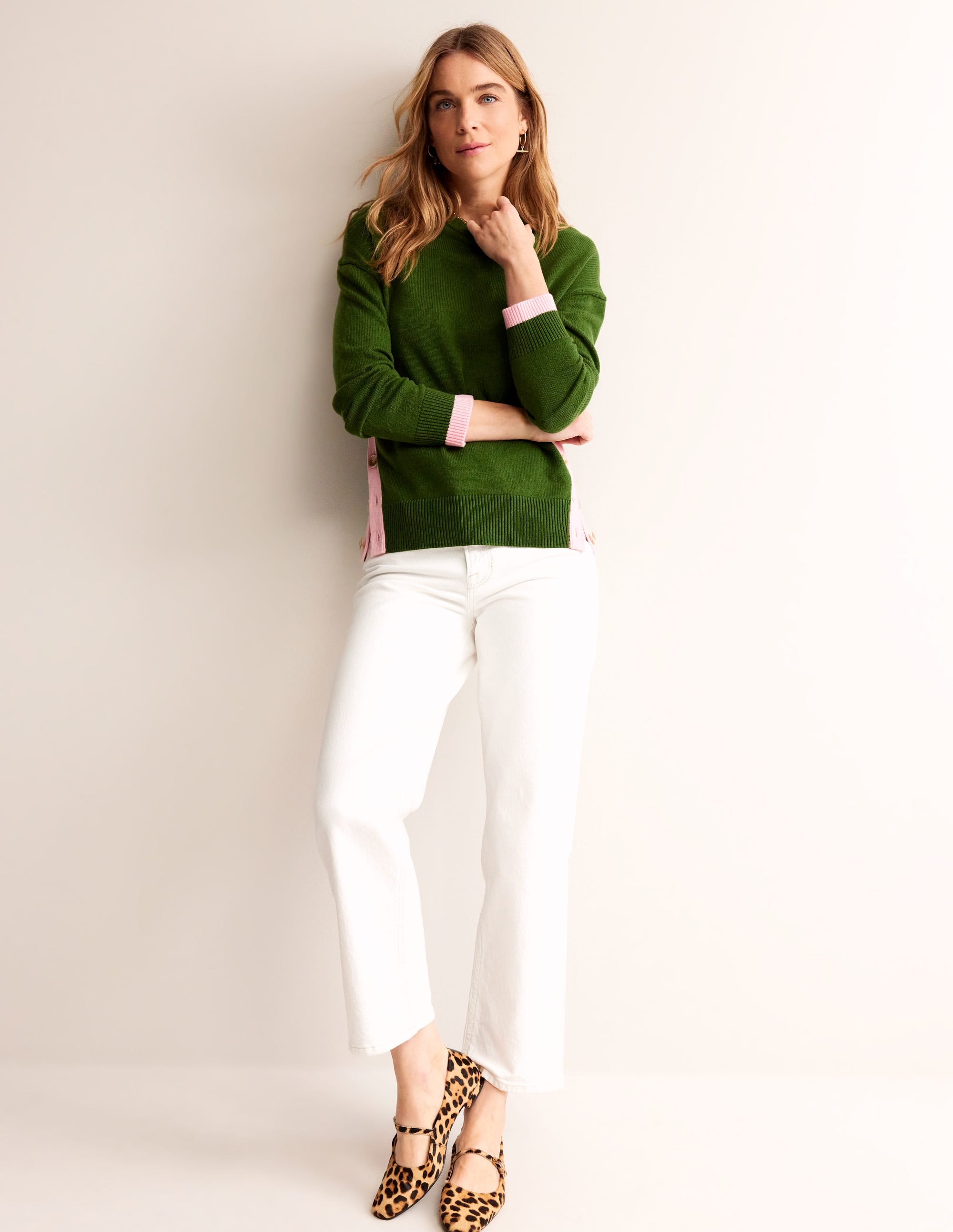 Alma Contrast Trim Sweater for Women - Garden Green & Spring Blossom Color Block Pullover | Cozy Knitwear for Fall & Winter, Perfect for Office, Date Night and Casual Outings