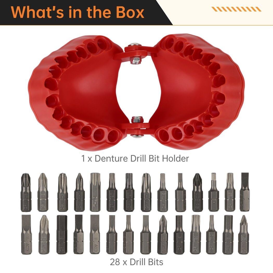 Homaisson Denture Drill Bit Holder with 28 Bits - Teeth-Shaped Magnetic Storage Box & Quick Change Organizer - Portable 1/4