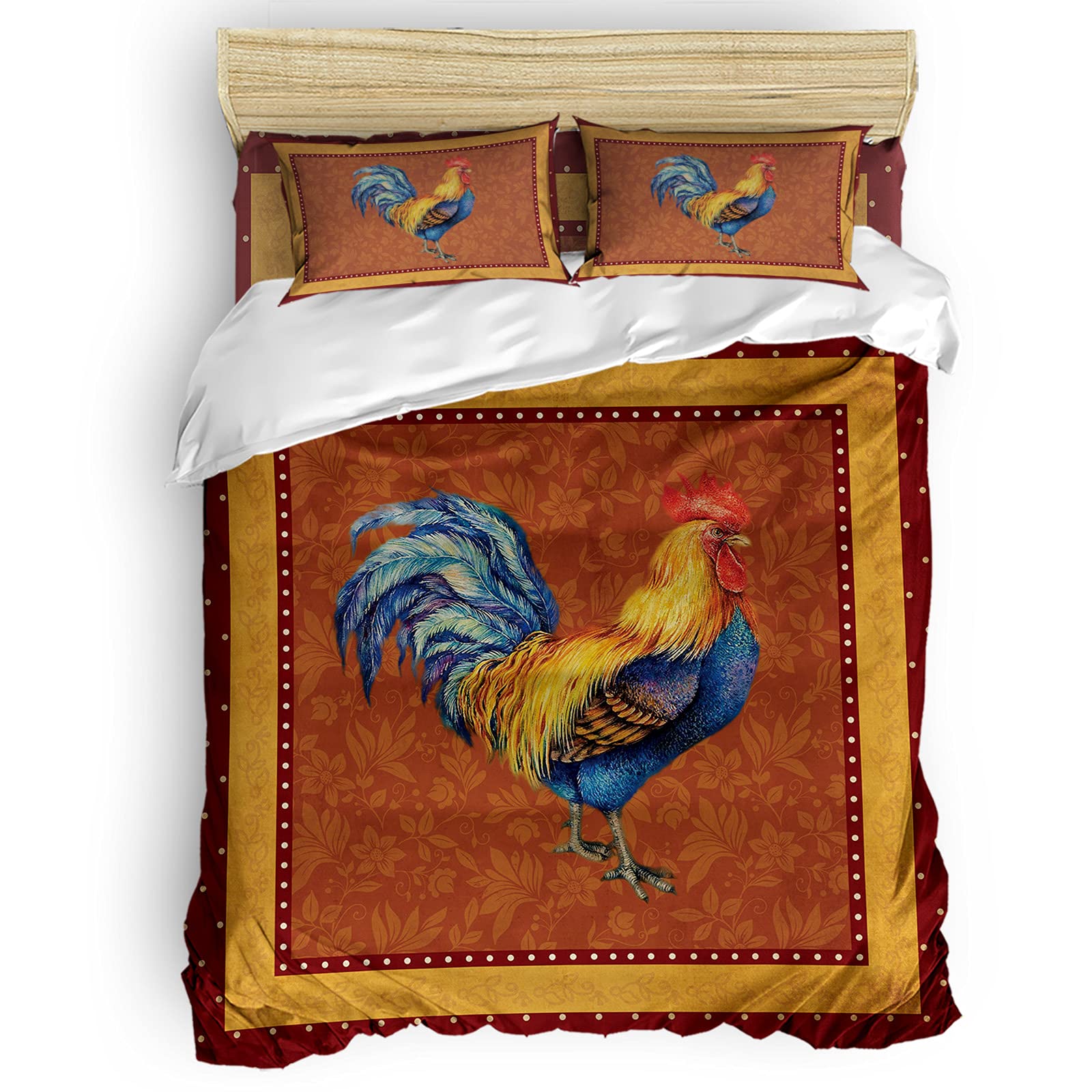 Farmhouse Rooster Duvet Cover Set 4-Piece Bedding - Polka Dot Floral Pattern Comforter Cover, Fitted Sheet & Pillowcases - California King Size - Perfect for Country Style Bedrooms & Farmhouse Decor