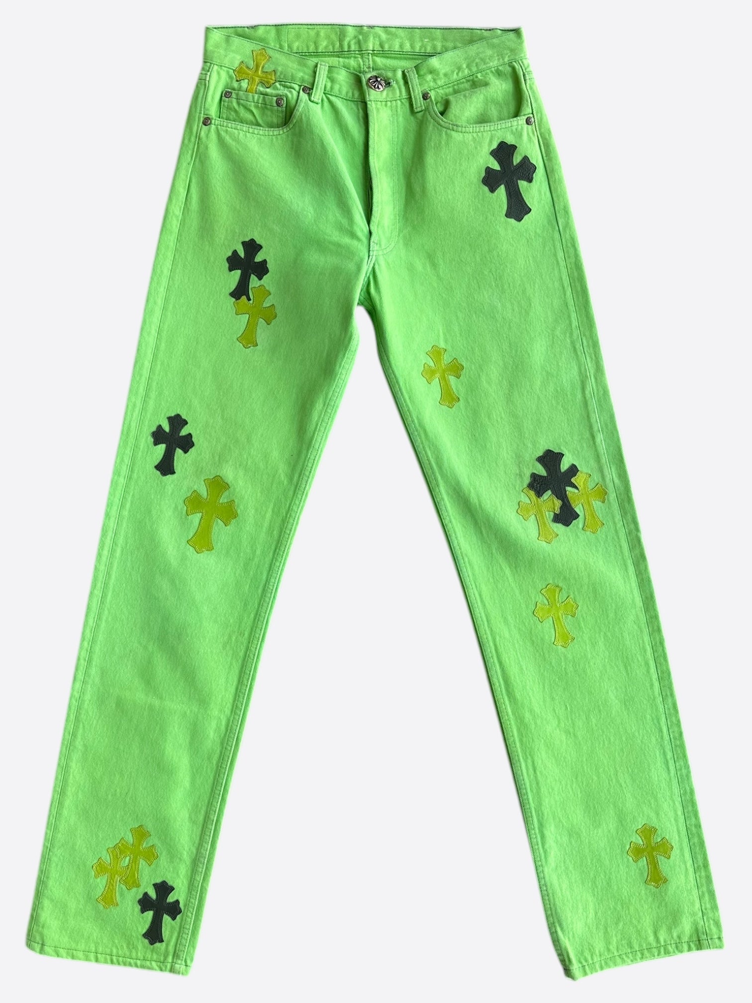 Chrome Hearts x Levi's Green & Black Cross Patch Denim Jeans for Men & Women | Vintage Style Distressed Skinny Jeans | Perfect for Streetwear, Concerts & Night Out