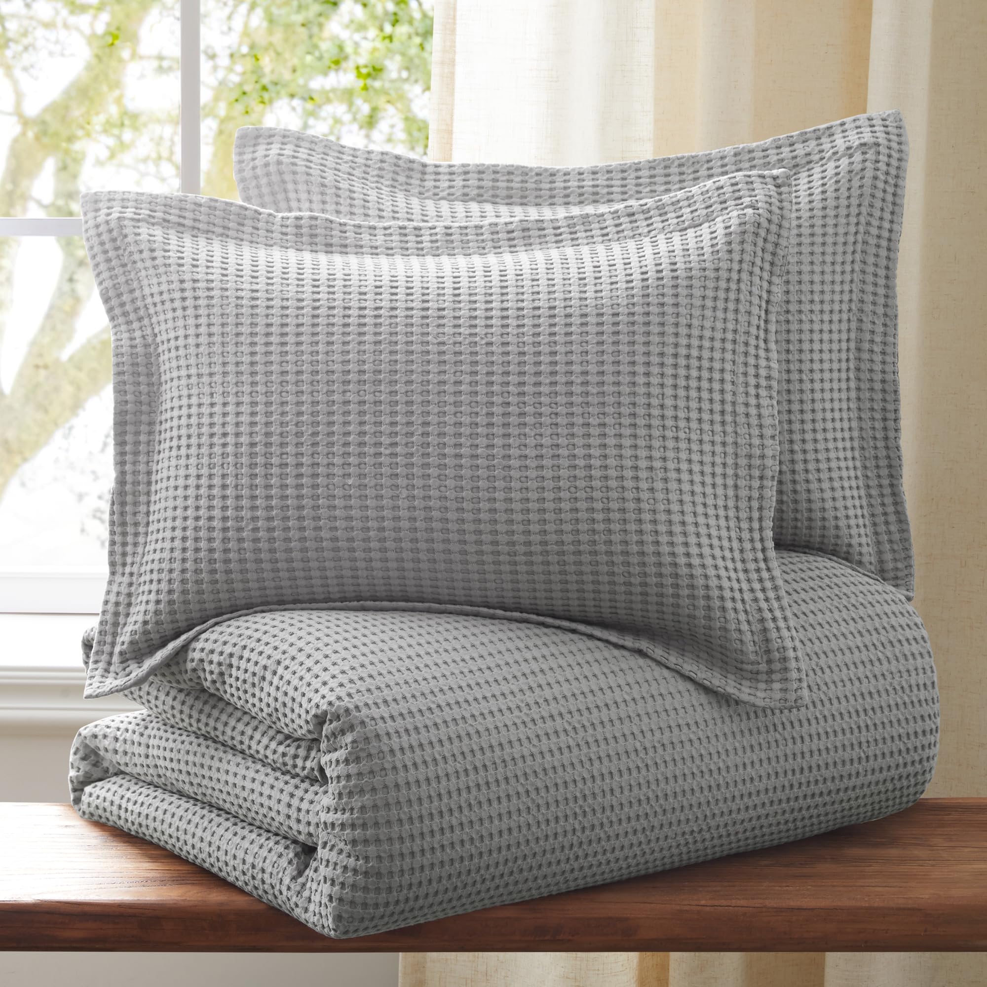 Levtex Home Mills Waffle Grey Pewter Duvet Cover Set - Full/Queen Size (90