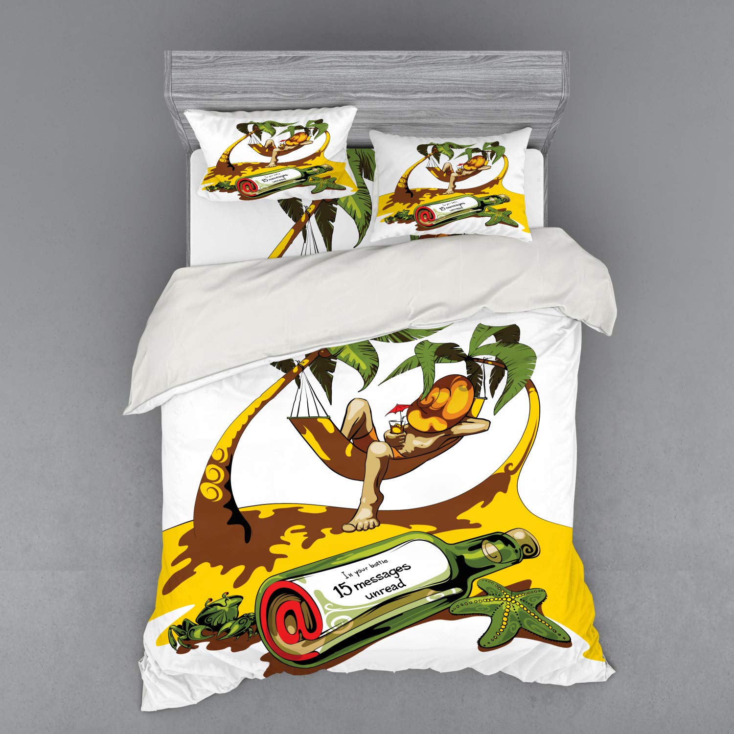 Ambesonne Beach Duvet Cover Set 4-Piece - Tropical Hammock & Message in Bottle Design, Queen Size Bedding with Shams & Fitted Sheet, White Green Yellow - Perfect for Coastal Bedrooms, Summer Home Decor & Beach House Styling