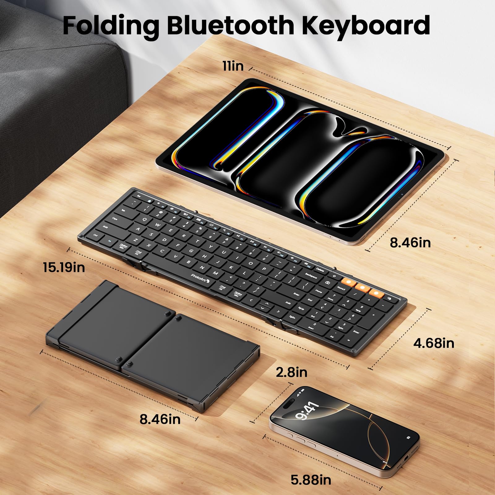 ProtoArc XK01 Foldable Bluetooth Keyboard with Numeric Keypad - Full-Size Wireless Portable Keyboard for iPad, Tablet, Smartphone, Laptop (Windows/iOS/Android) - Perfect for Travel, Office & Home Use - Black