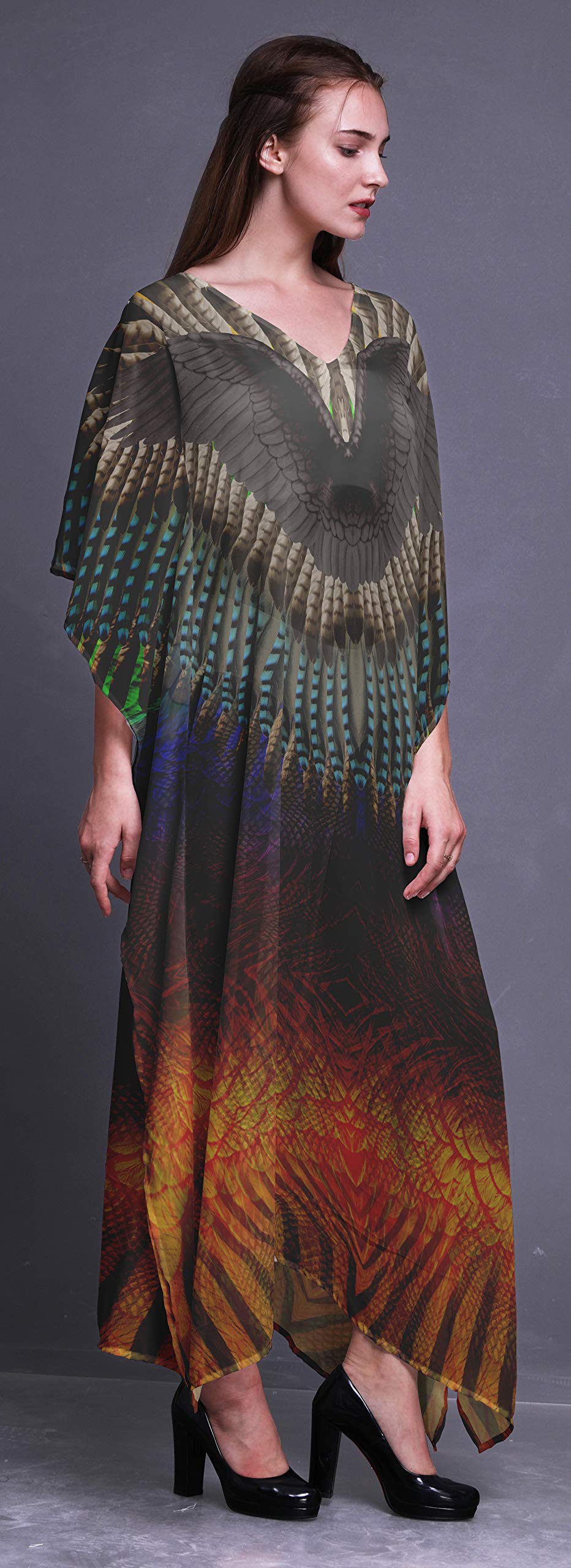 Tribal Feather Women's Long Beach Kaftan - Flowy Bikini Cover Up Maxi Dress for Summer Vacation, Pool Party & Boho Beachwear