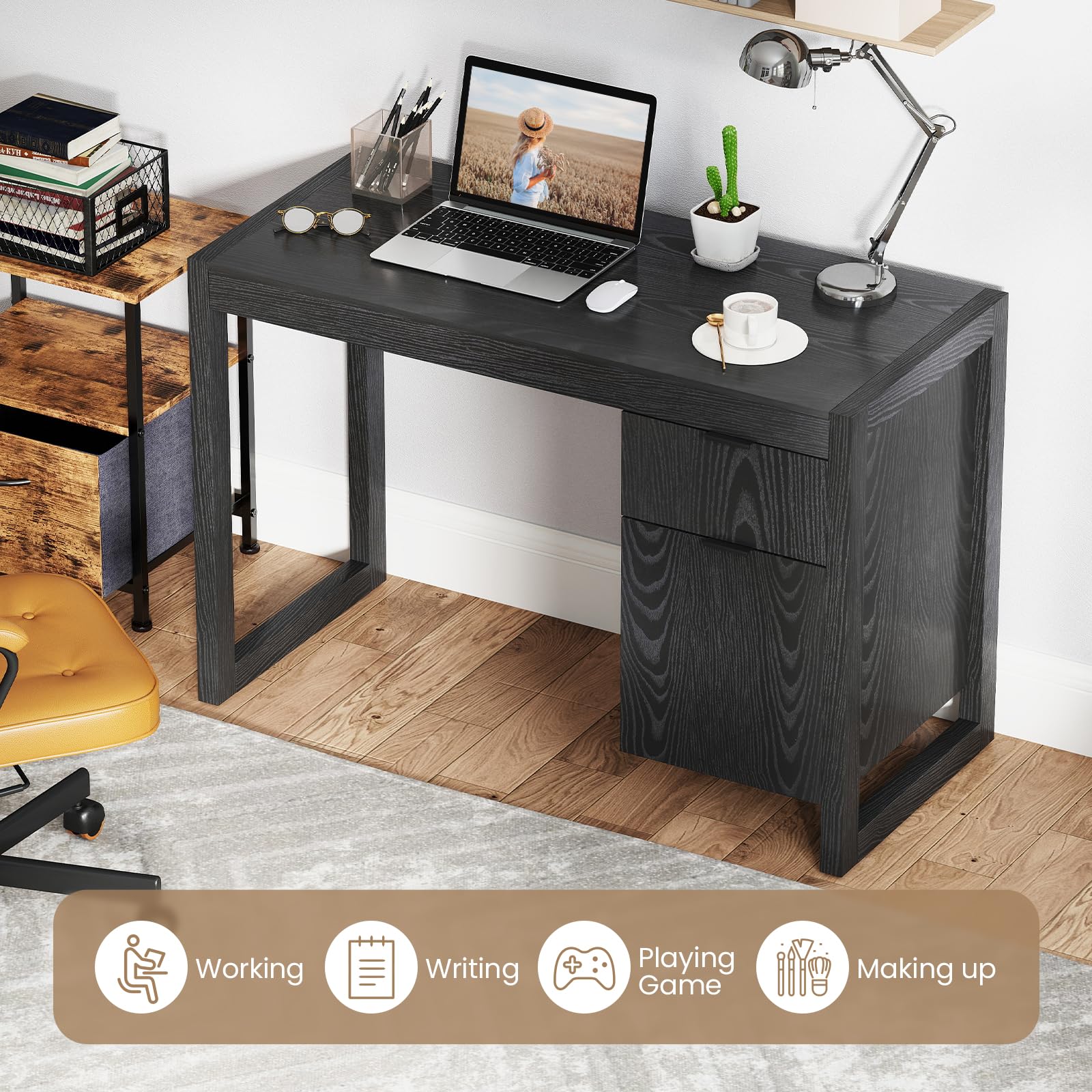 Tangkula White Wooden Computer Desk with Storage Cabinet & Drawer - Home Office Desk with Smooth Surface for PC Laptop Workstation, Study & Writing | Perfect for Small Spaces, Dorm Rooms & Home Offices (Black)