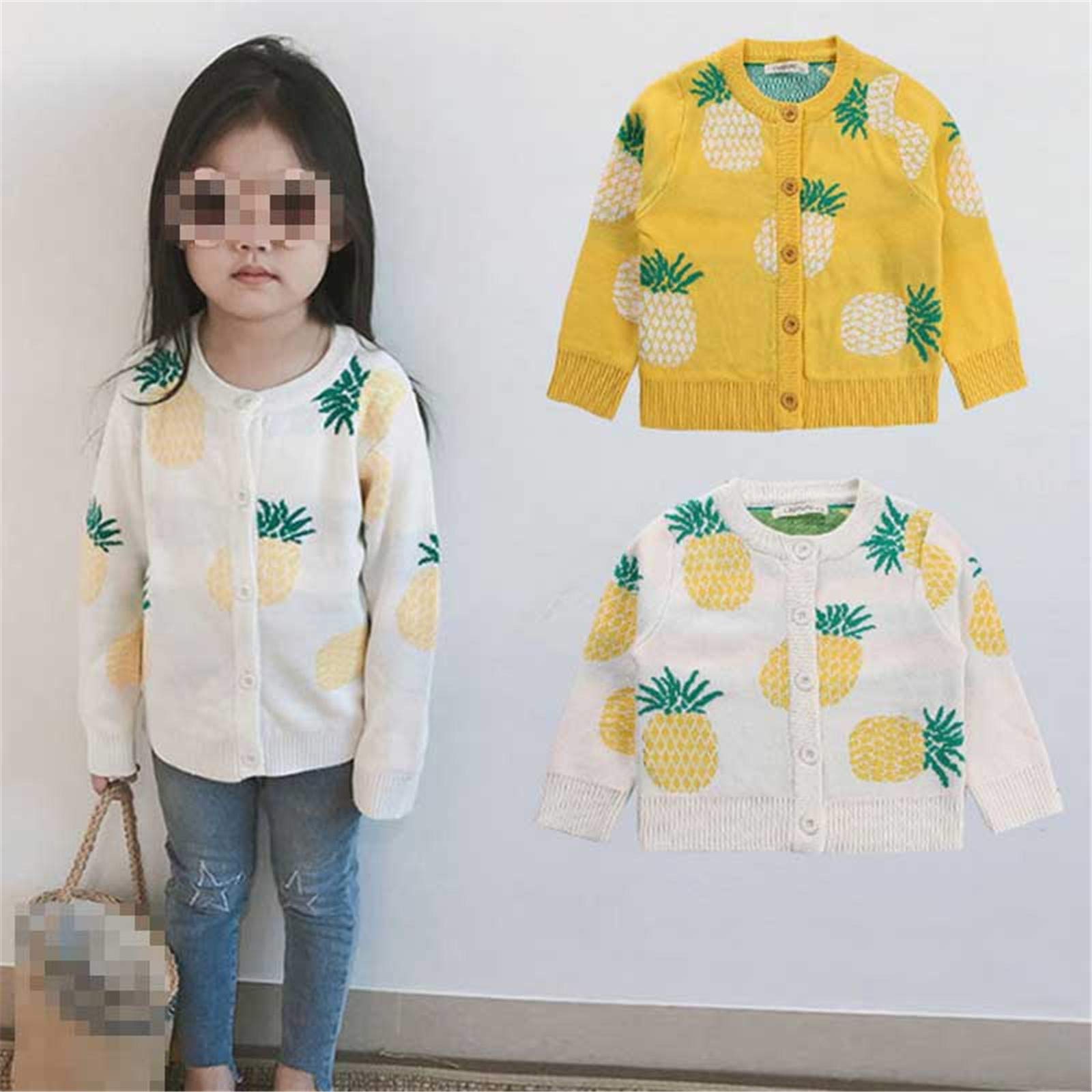 **Pineapple Print Girls Cardigan - Spring Toddler Sweater, Single Breasted Kids Clothing for School & Playtime**