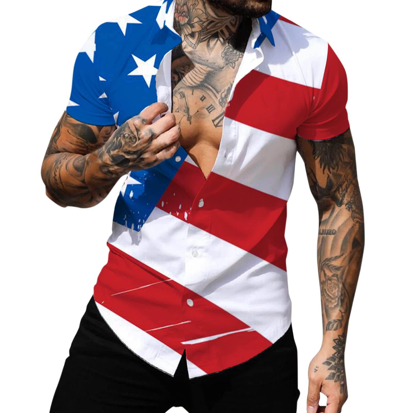 Vintage Distressed USA Flag Graphic T-Shirt for Men - Patriotic American Flag Print Button Down Collar Shirt | Casual Wear, 4th of July Outfits, Independence Day Celebration