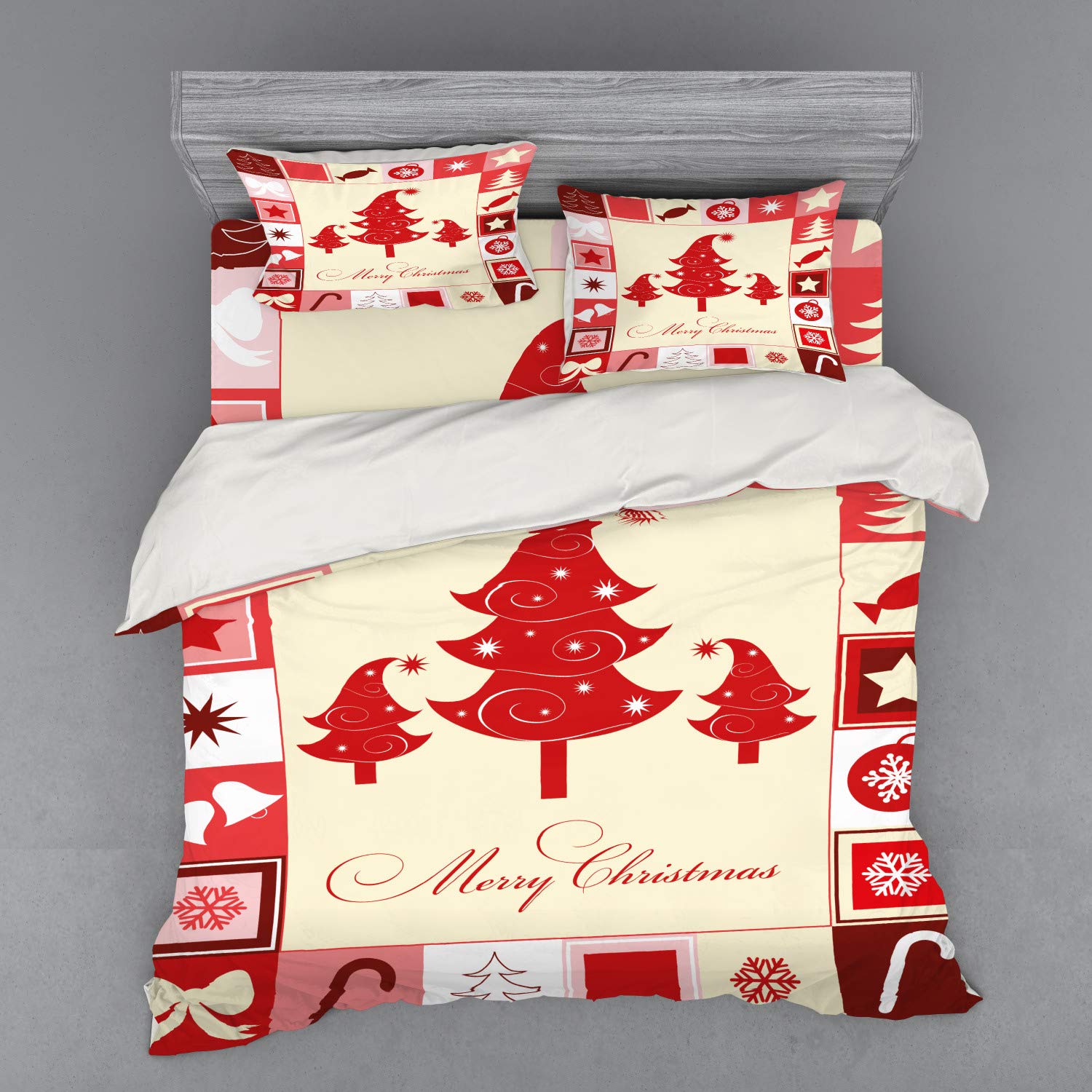 Ambesonne Christmas Duvet Cover Set - 4 Piece King Size Bedding Set with Shams & Fitted Sheet - Merry Christmas Words, Square Frames, Trees, Candy Star Design in Vermilion Pale Pink - Perfect for Holiday Home Decor, Cozy Winter Bedroom, and Festive Gift Giving