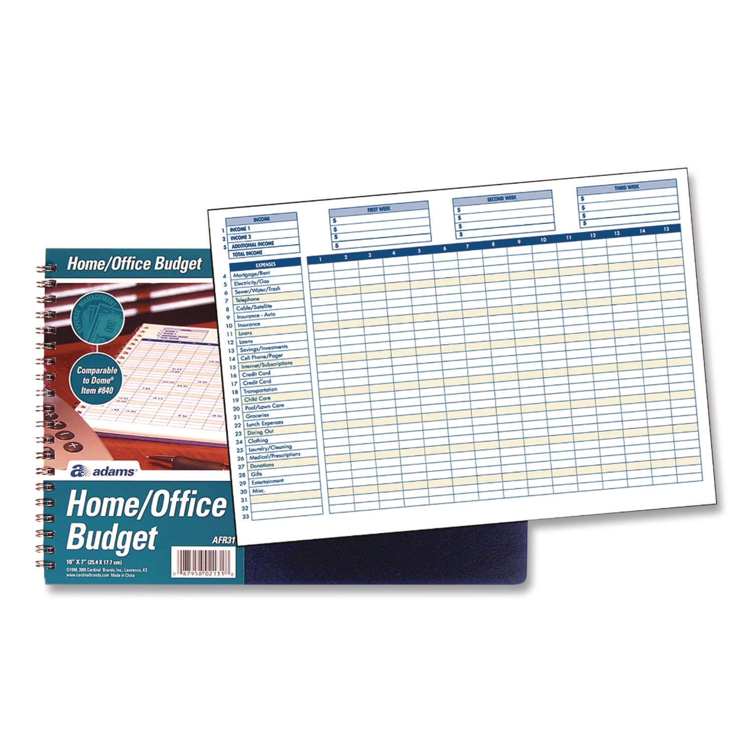 Adams® Weekly/Monthly Budget Planner for Home & Office - 15 Columns, Two Page Spread, Royal Blue Cover, 7