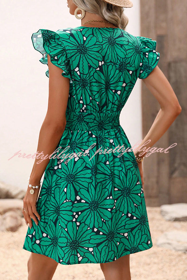 Floral Print Ruffle Sleeve Mini Dress with Elastic Waist - Perfect for Weekend Outings, Brunch Dates & Summer Vacations