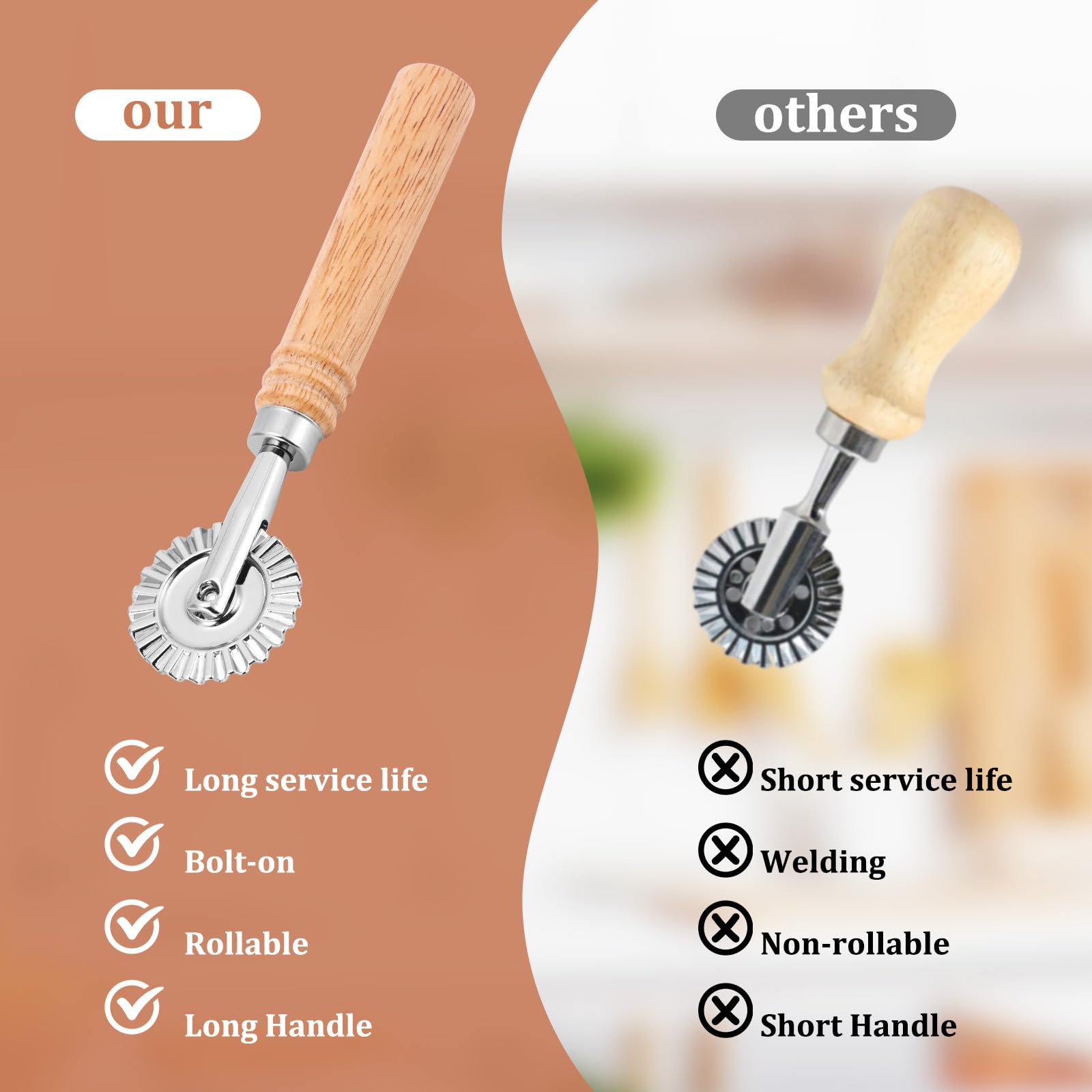 SHANGSKY Pastry Cutter Wheel with Long Wooden Handle - Stainless Steel Ravioli & Pasta Cutter for Dumplings, Noodles, Cookies & Pie Dough - Professional Kitchen Dough Cutting Tool for Baking & Cooking