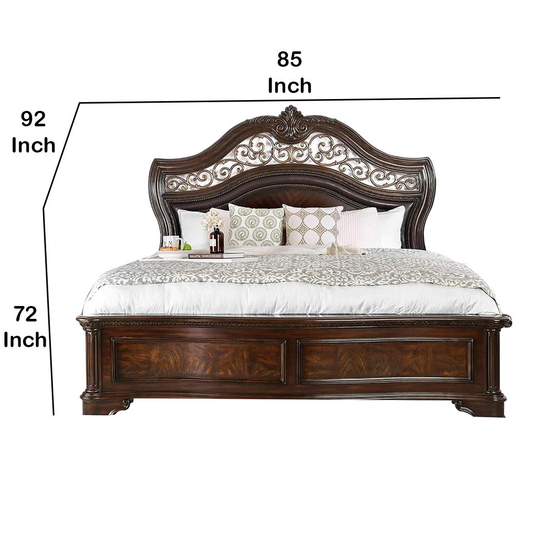 Benjara California King Wooden Bed with Intricate Carved Headboard - Solid Wood Frame, Brown Finish for Master Bedroom Elegance | Perfect for Luxurious Bedroom Decor and Spacious Sleeping Comfort