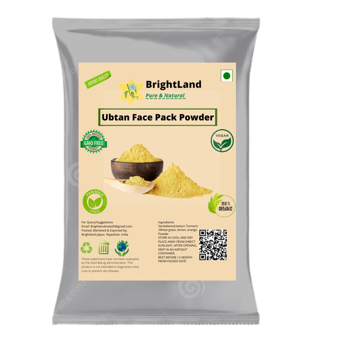 Brightland Naturals Ubtan Powder - 100% Natural Face & Body Scrub for Glowing Skin (100g) | Exfoliating & Brightening Treatment for Daily Skincare Routine