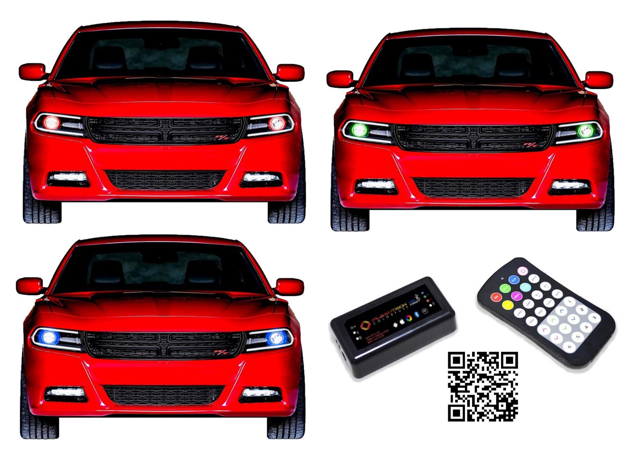 Flashtech LED RGB Multi-Color Halo Ring Headlight Kit with Bluetooth RF Remote & APP Control - Compatible with Dodge Charger 2015-2020 | Customizable Car Lighting for Night Driving & Car Shows